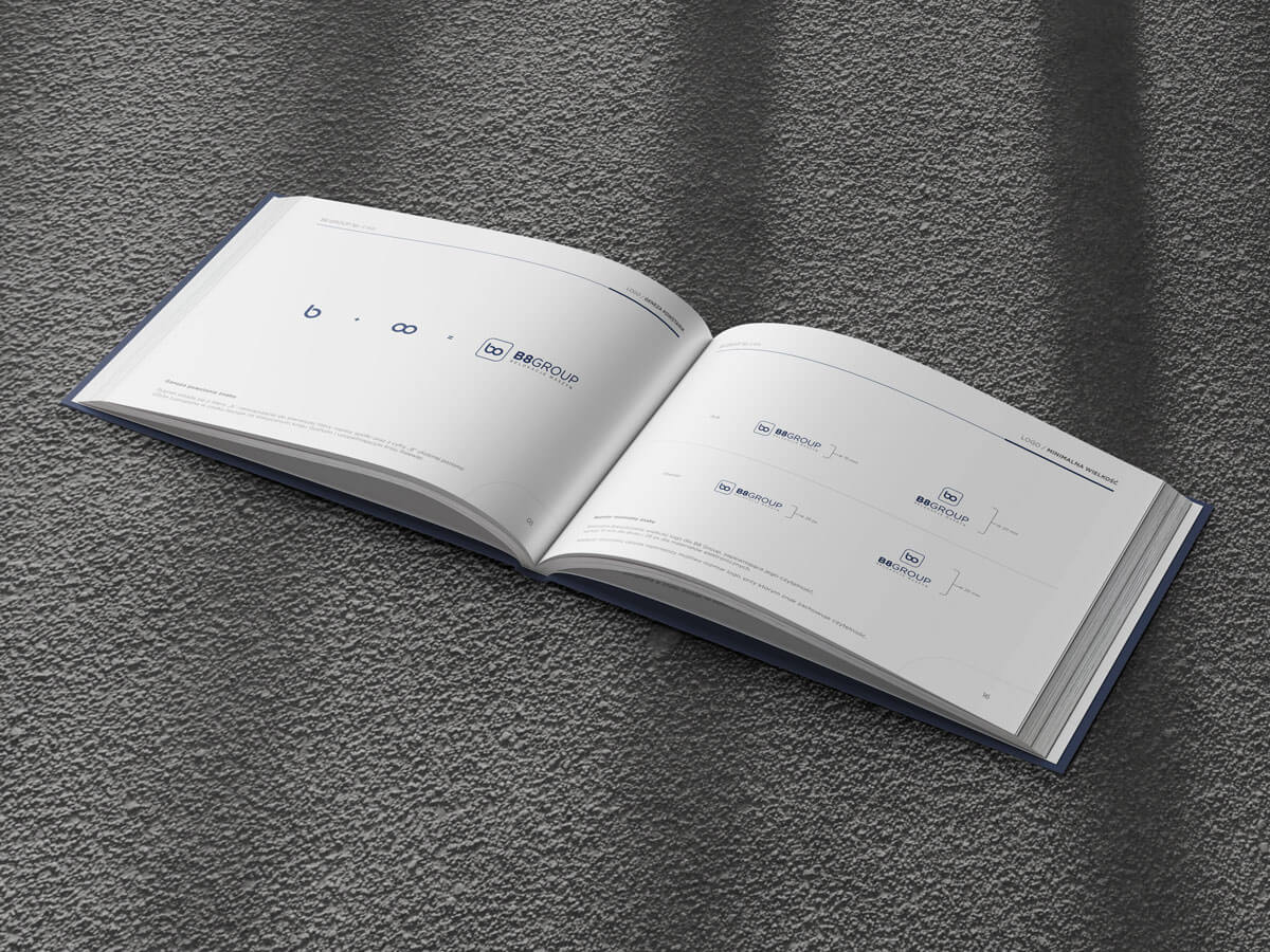 Konstrukcja i proporcje logo B8GROUP. Szczegółowe wytyczne z księgi znaku dbające o profesjonalny wizerunek i poprawną identyfikację wizualną marki.