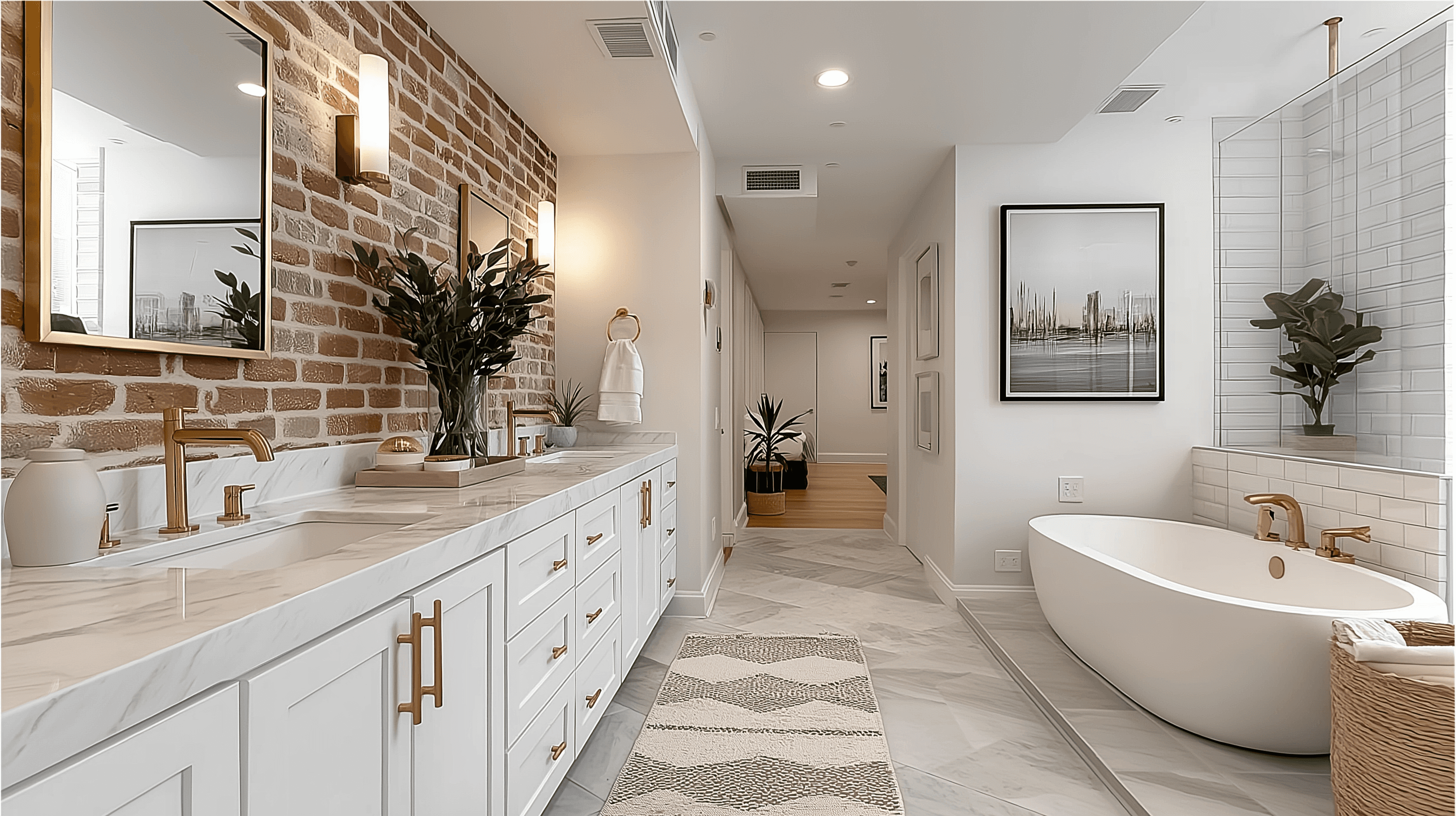 Modern luxury bathroom featuring an exposed brick wall, a white double vanity with gold fixtures, a freestanding tub, and a glass-enclosed shower.