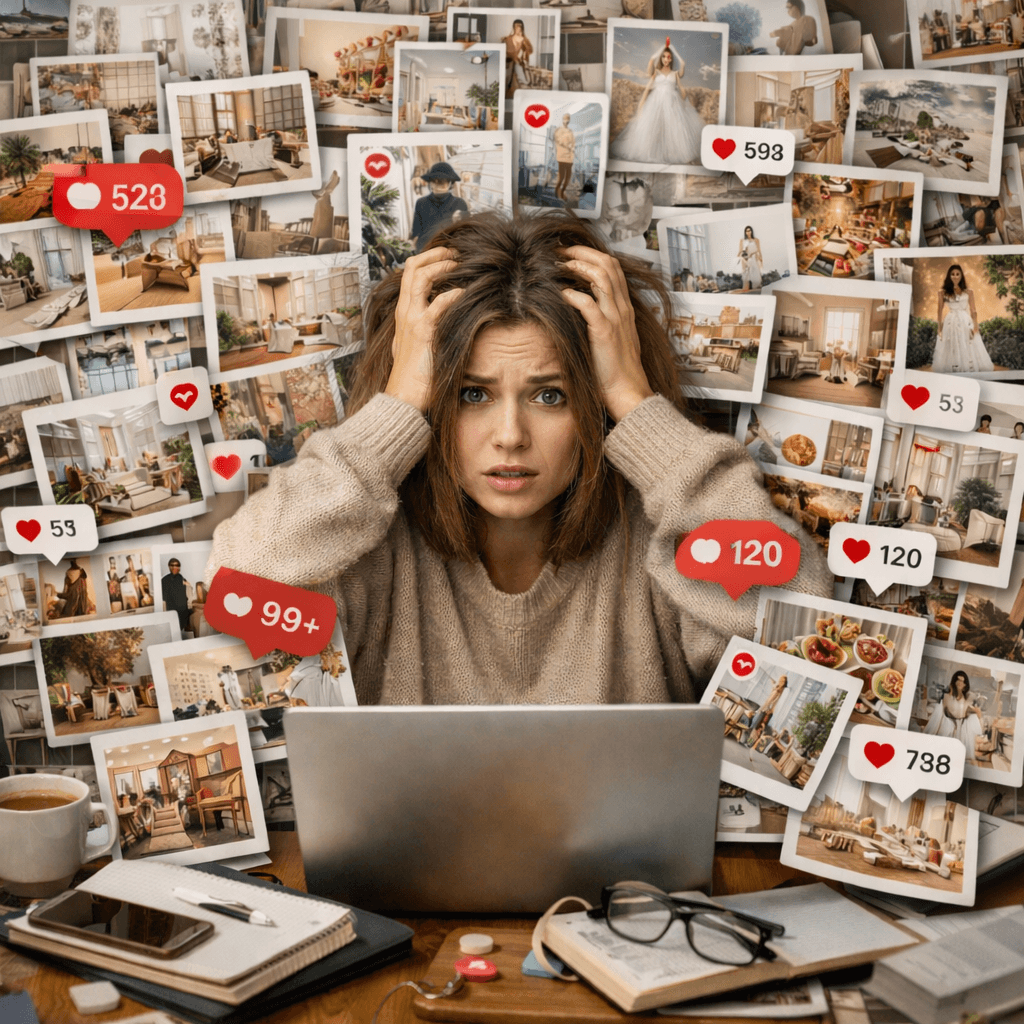 Photo of a woman overwhelmed by pinterest pins about interior design