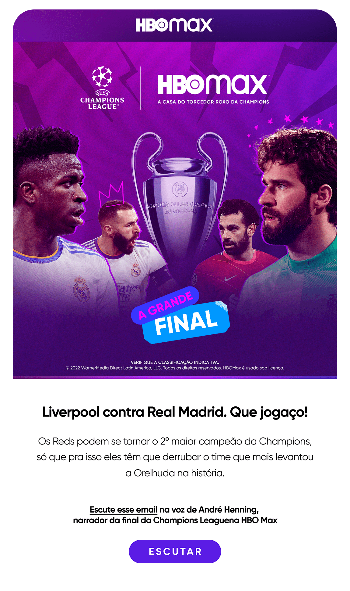 Promotional email with a play button for football-style narrated commentary.