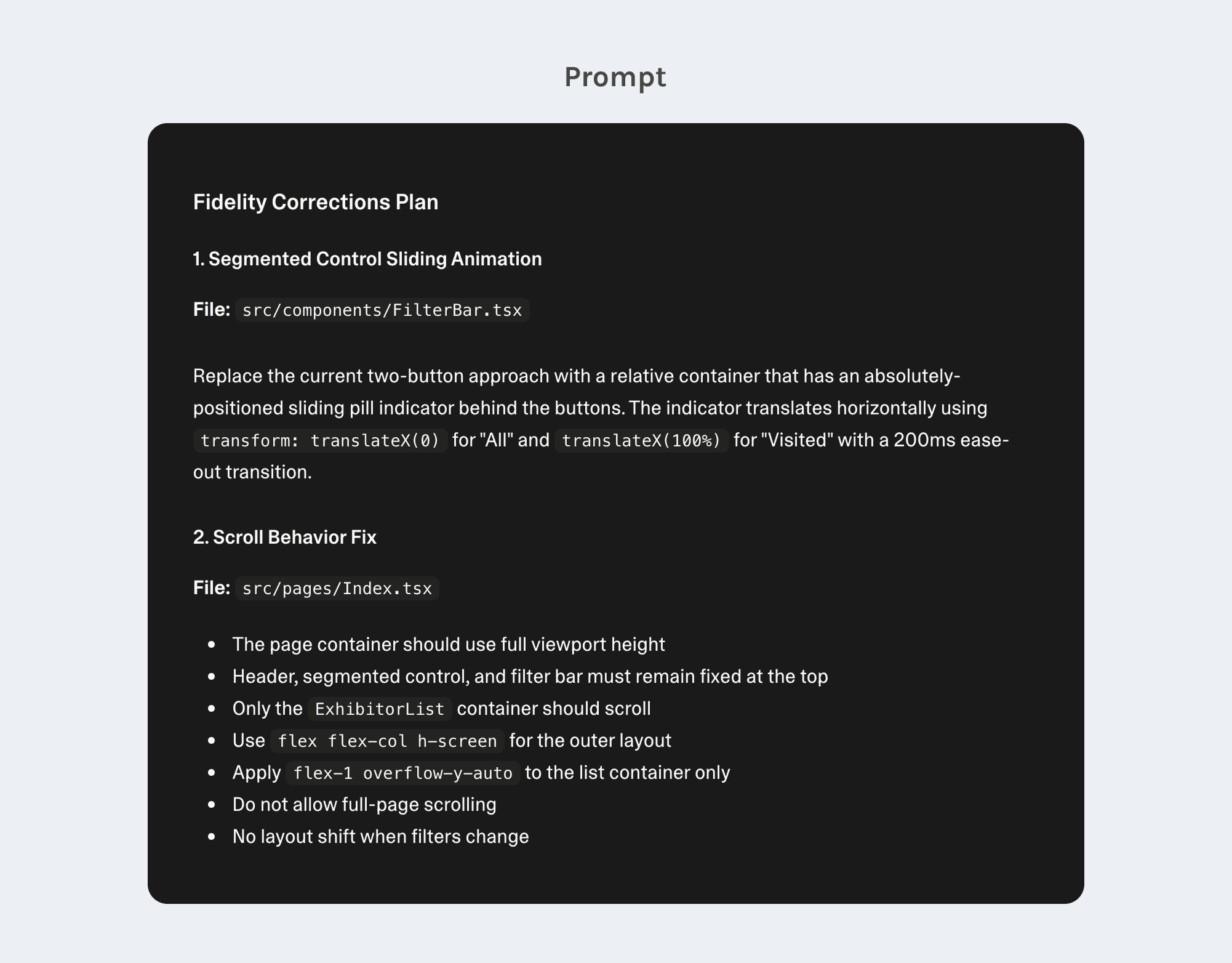 Prompt outlining visual fidelity corrections to align the generated UI with the original design.