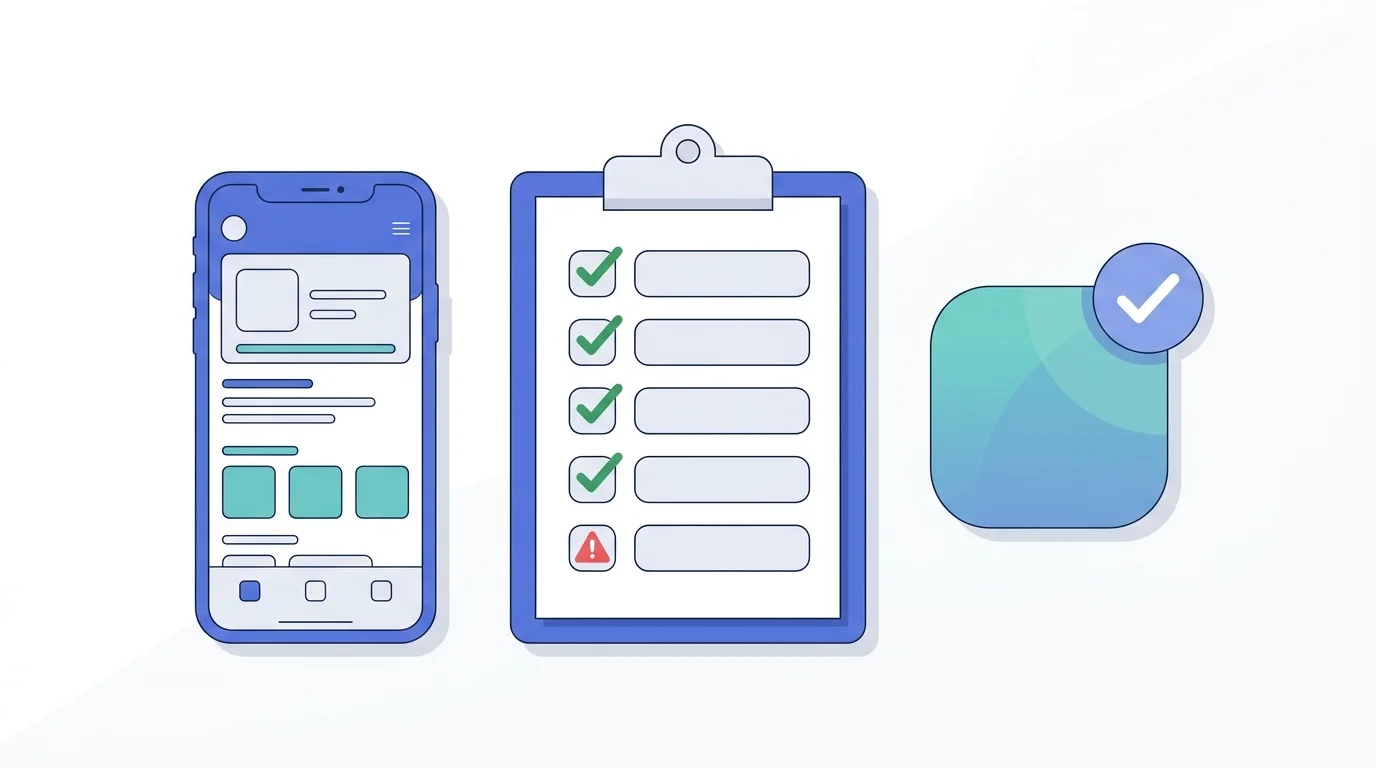 Illustration of an app checked against a pre-submission checklist before App Store review