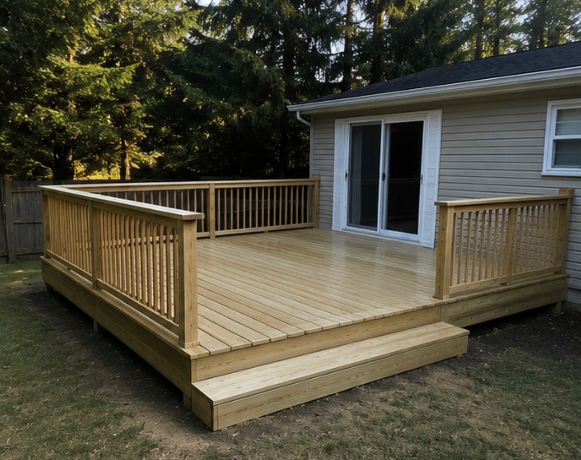 Finished deck with table, railing, and seating area