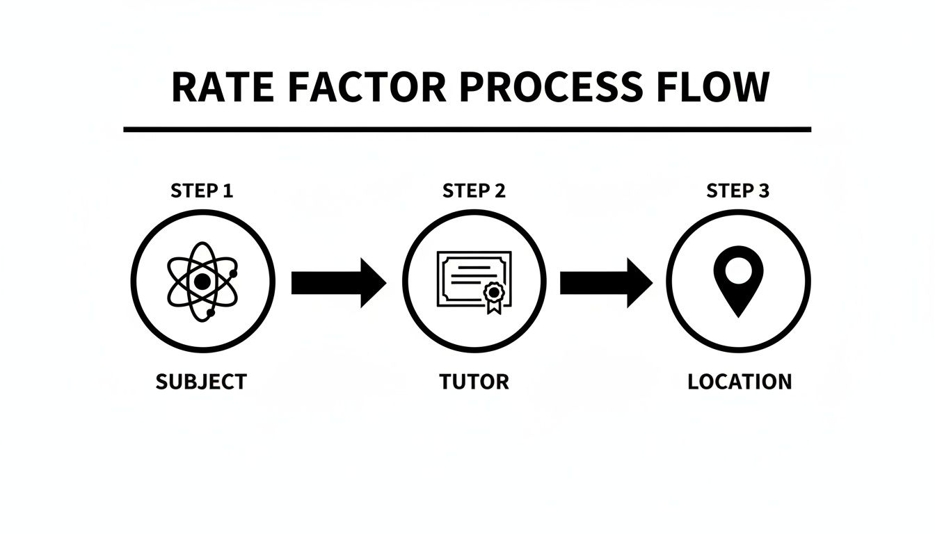 A three-step process flow diagram illustrating rate factors: Subject, Tutor, and Location, connected by arrows.