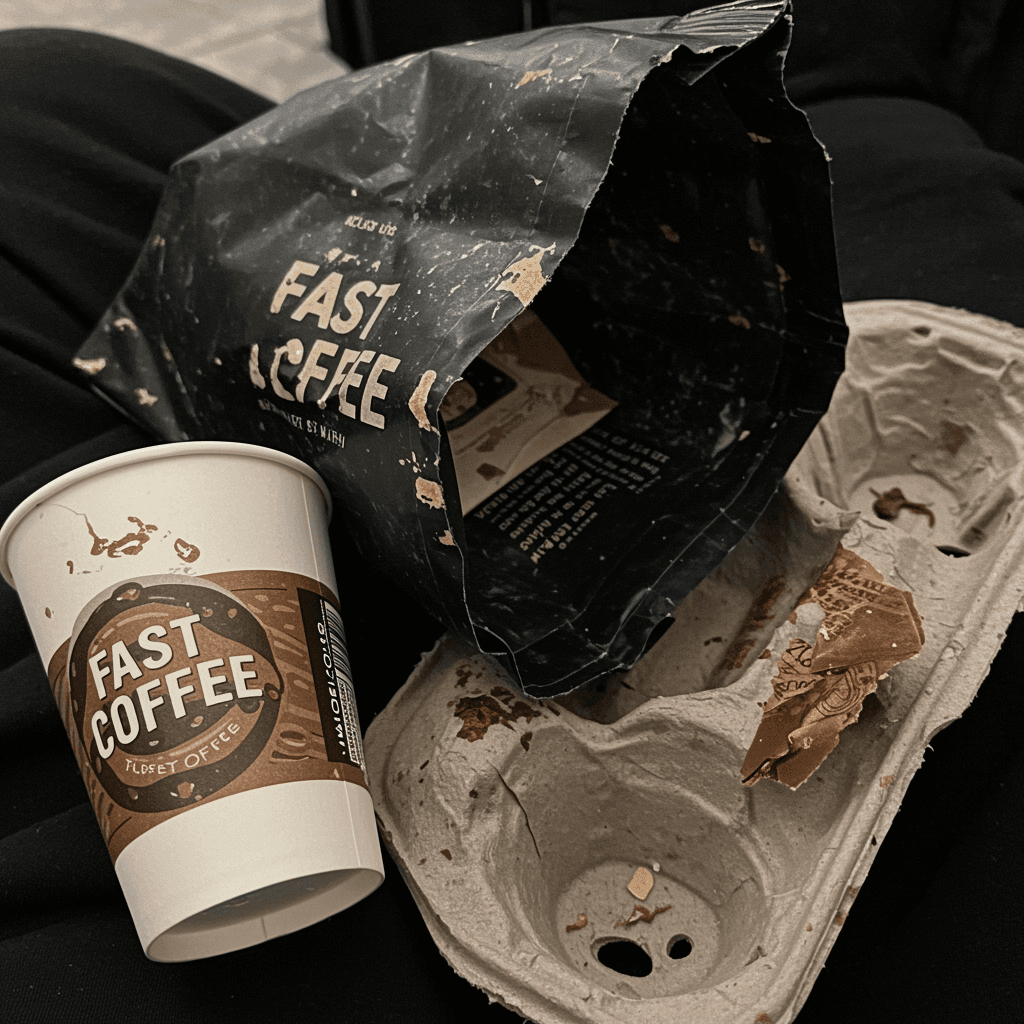 Spilled fast coffee cup and messy takeaway packaging on a car seat.