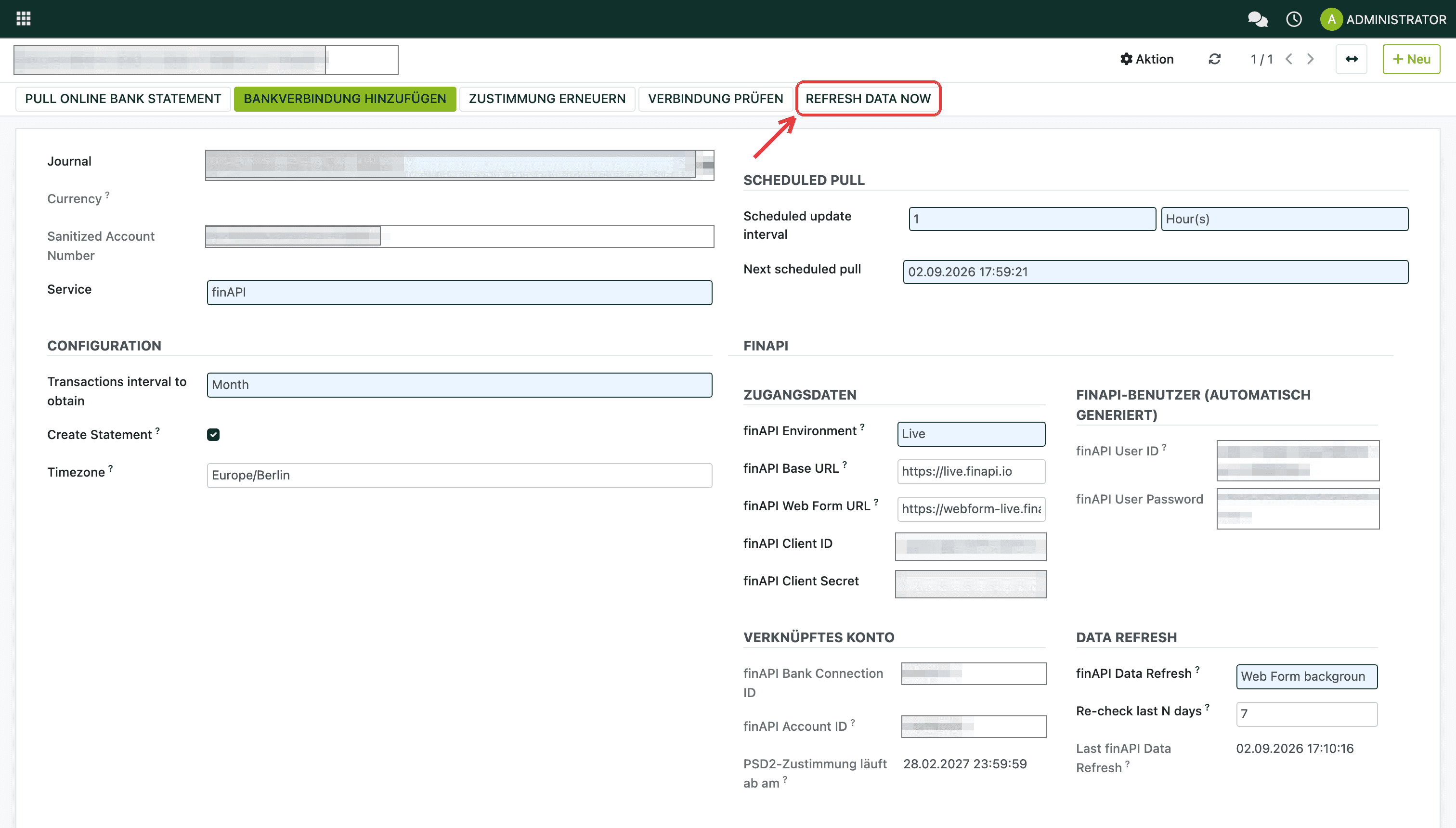 „Refresh data now“ holt die Umsätze direkt aus der finAPI-Maske.