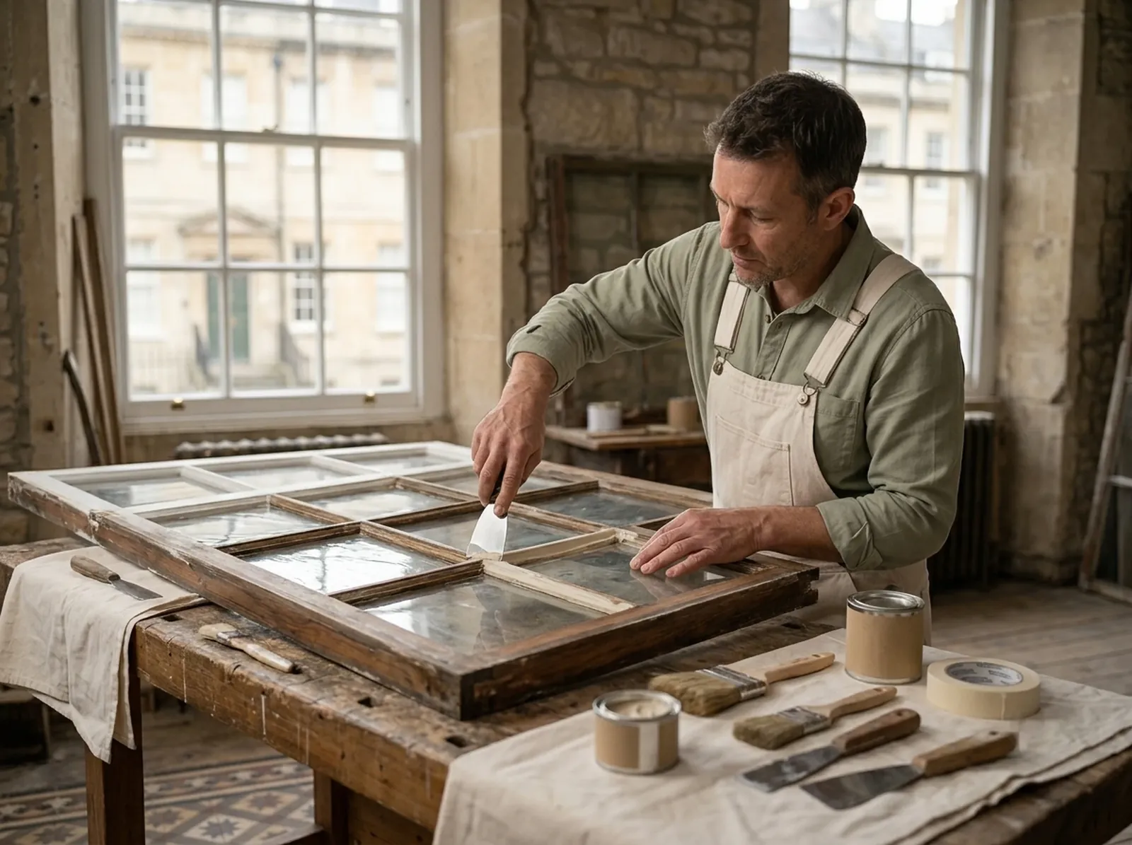 A craftsman re-puttying a removed sash window on a workbench