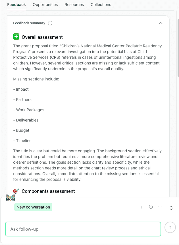 An "Overall assessment" screen in thesify listing missing sections such as Impact, Partners, Work Packages, Deliverables, Budget, and Timeline.