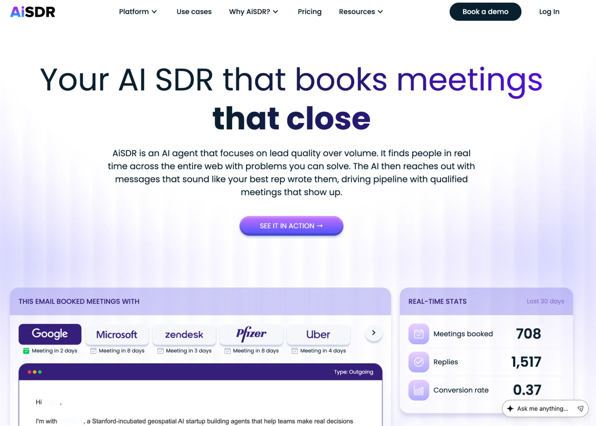 AiSDR homepage: AI SDR software that automates prospecting and books meetings
