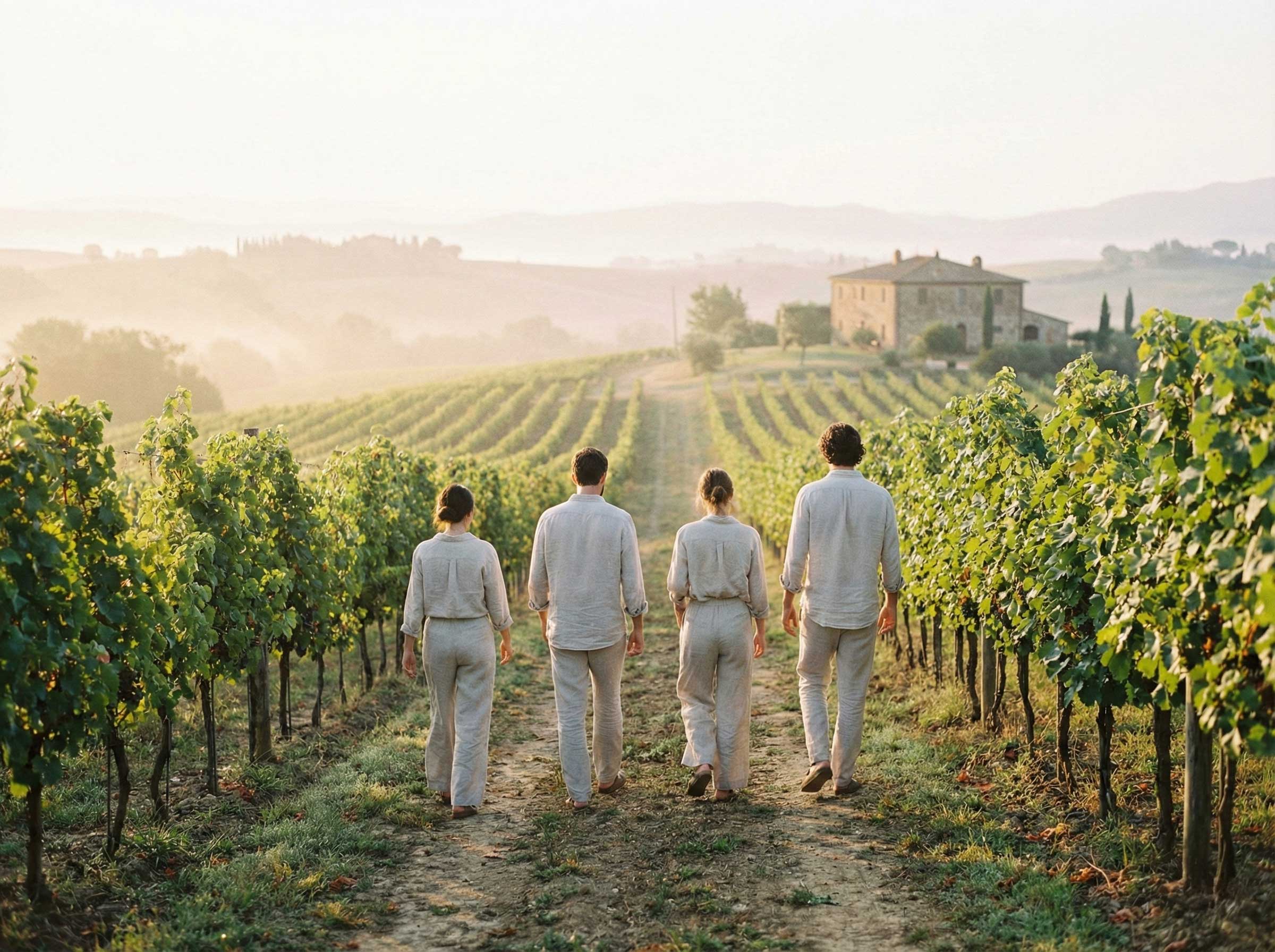Four people dressed in light clothing walk along a vineyard path towards an old stone farmhouse, with lush grapevines on either side under a soft, golden morning light, capturing the essence of a serene countryside landscape.