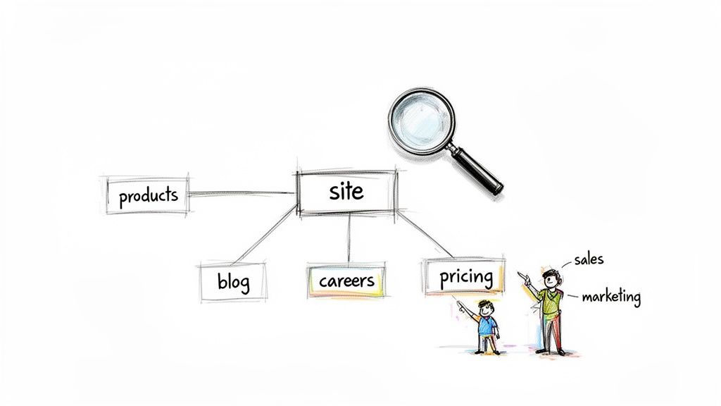 Website sitemap diagram with search icon, showing pages like products, blog, careers, pricing, sales, and marketing.