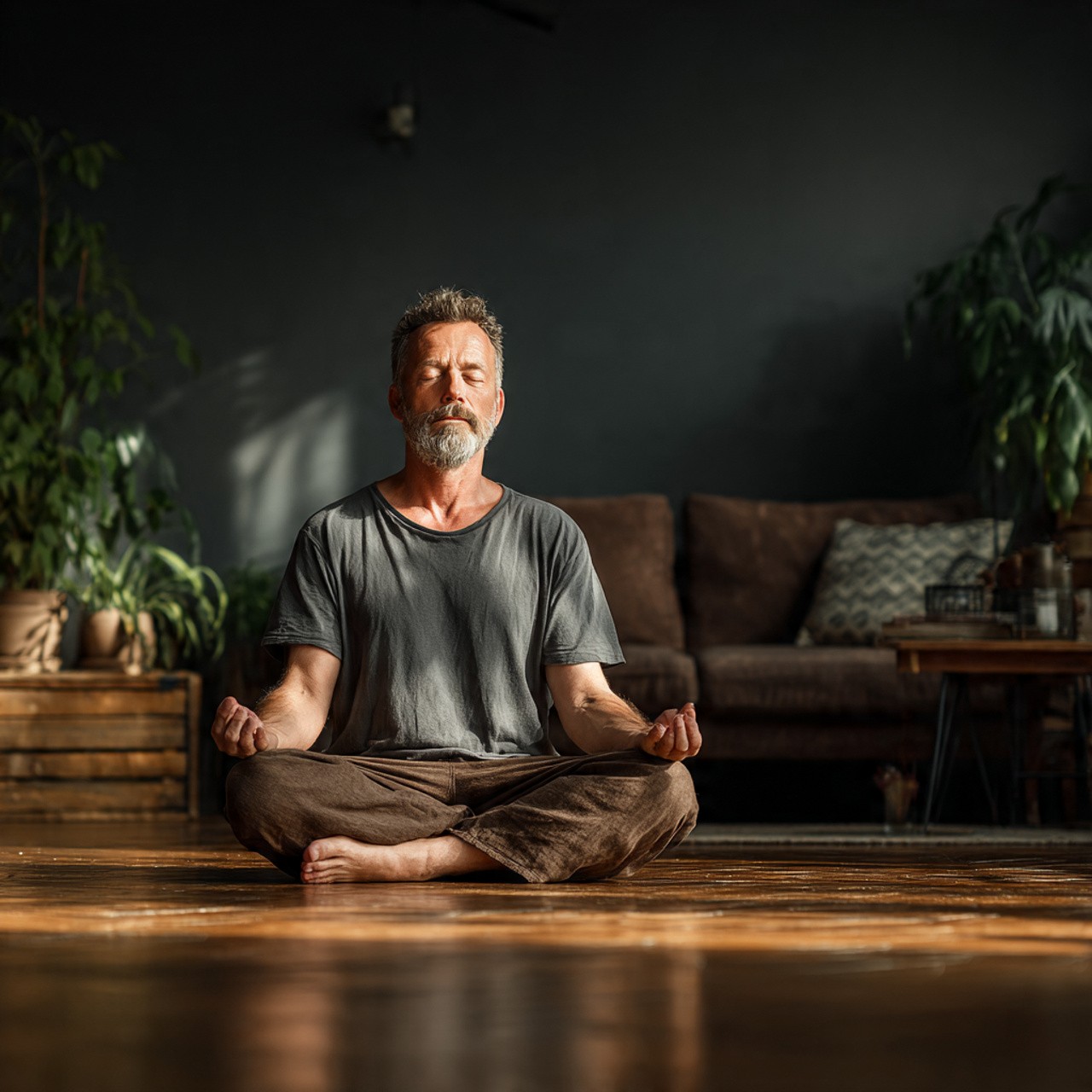 A man with a calm expression meditates in a sunlit room, seated cross-legged on a wooden floor. Potted plants and a cozy sofa are in the background.