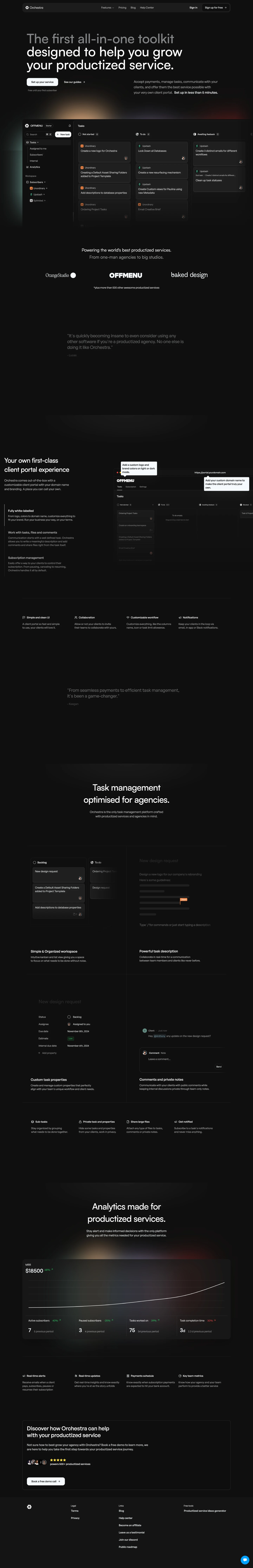Orchestra landing page screenshot showcasing Productivity and Tech design