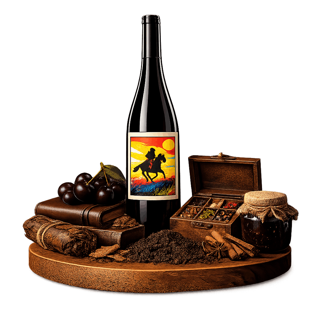 Artistic label and flavor profile for Campanha Gaúcha Red Blend on a rustic wooden table.