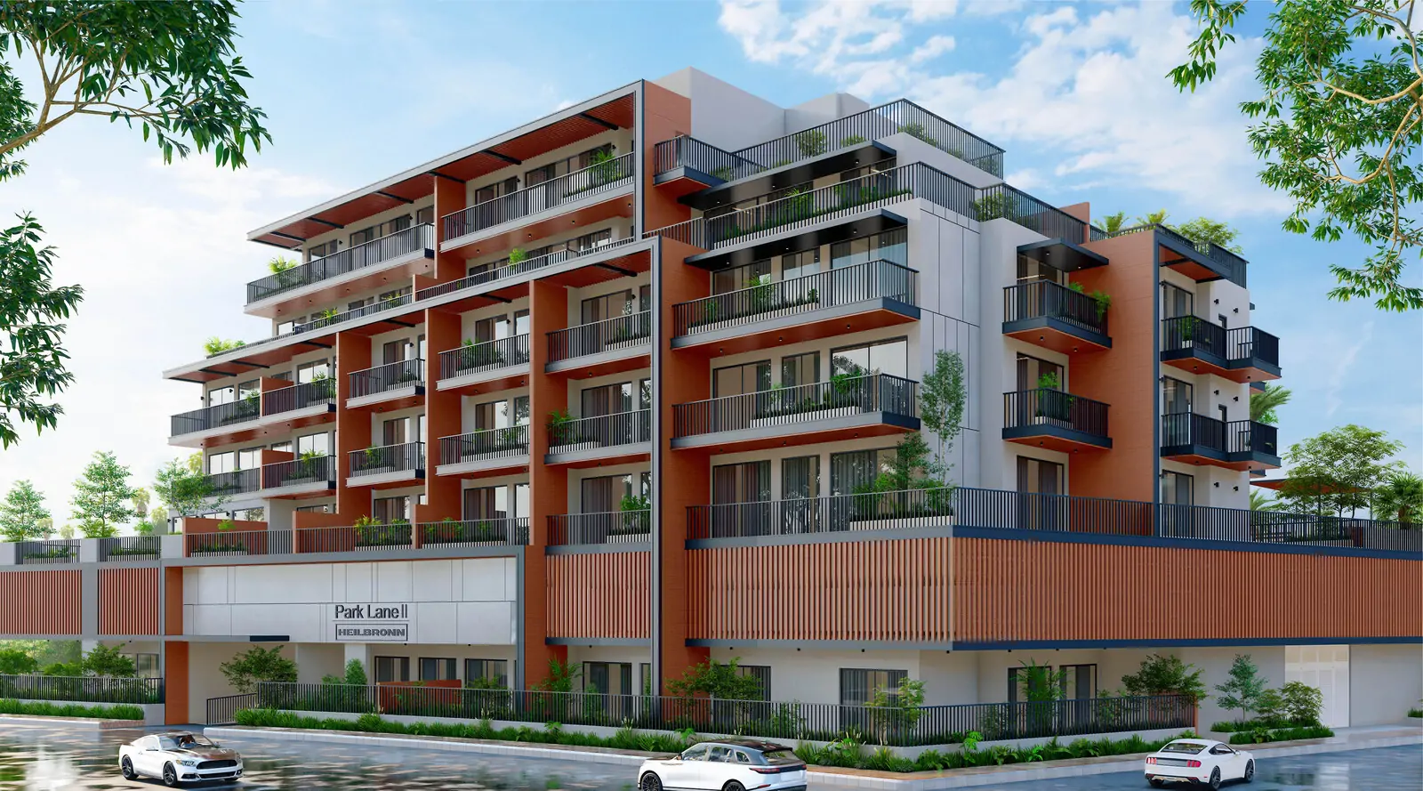 Park Lane 2 by Heilbronn exterior building render in Jumeirah Village Circle Dubai — modern low-rise luxury apartments with balconies and greenery. Buy Dubai real estate with crypto on Tylt Real Estate.