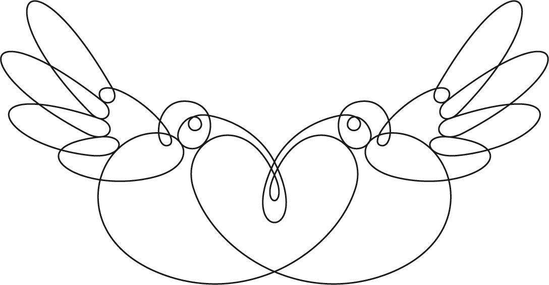 Black and white line art illustration of two hummingbirds meeting in the center and forming a heart shape.