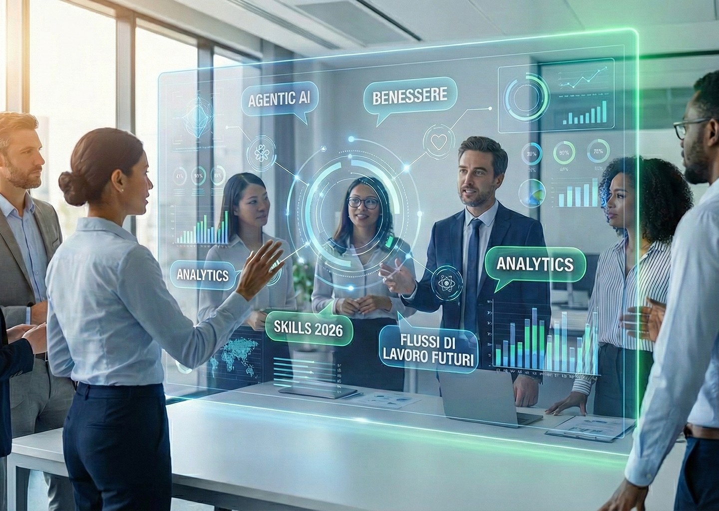 Impiegati in una sala riunione guardano e interagiscono con una dashboard di analytics che mostra i trend HR 2026, sospesa al centro della scena in trasparenza