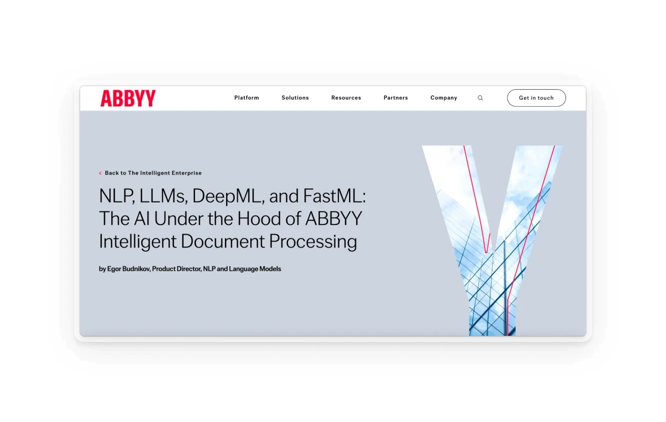 A webpage header for ABBYY discussing AI technologies like NLP and LLMs in document processing, with a sleek background of modern building architecture.