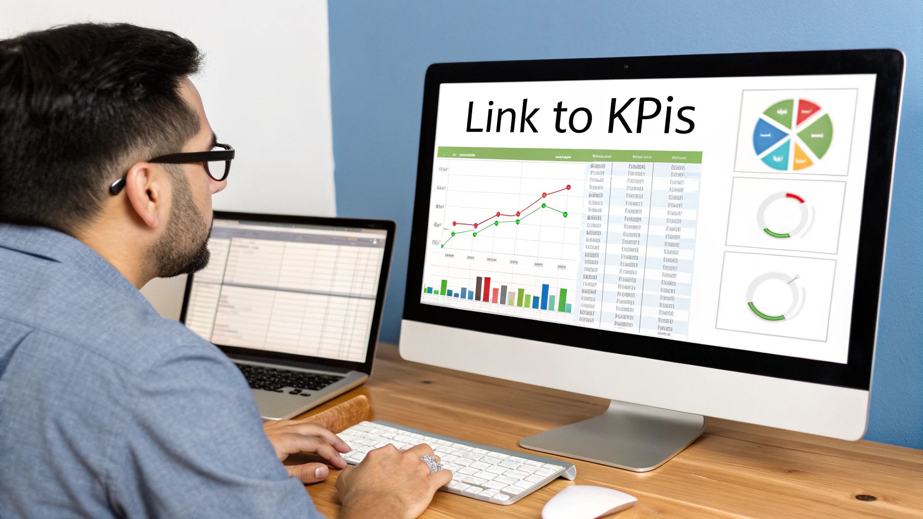 Man reviewing 'Link to KPIs' dashboard with charts and data on a large monitor.