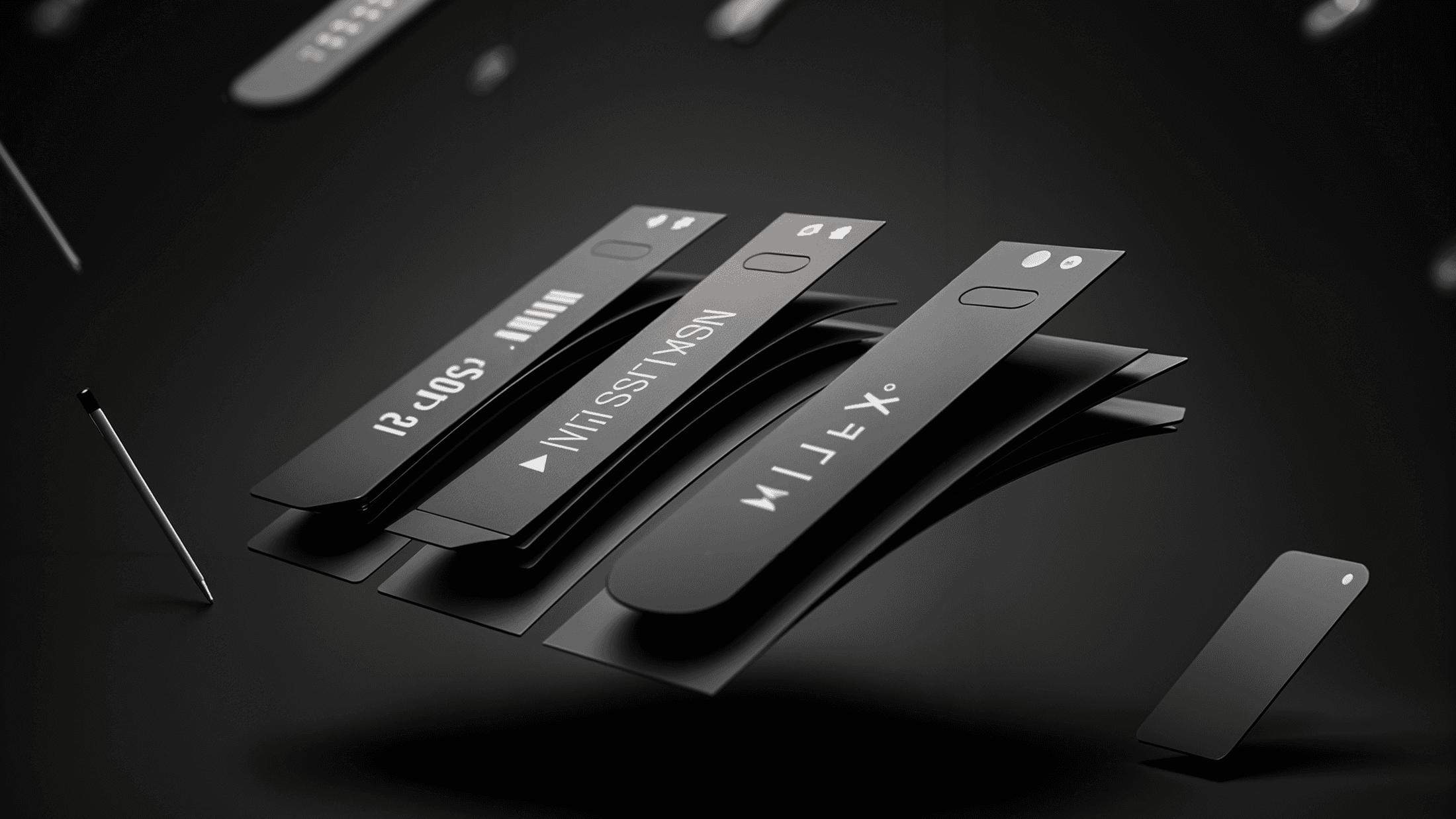 A futuristic, abstract composition featuring sleek, black digital interface elements resembling curved screens or smart wristbands. Each element displays bold, modern typography, icons, and symbols. The curved screens appear to be floating or bending in mid-air, creating a sense of movement. The background is dark with additional floating objects, including a stylus and a small rectangular device, enhancing the high-tech aesthetic.