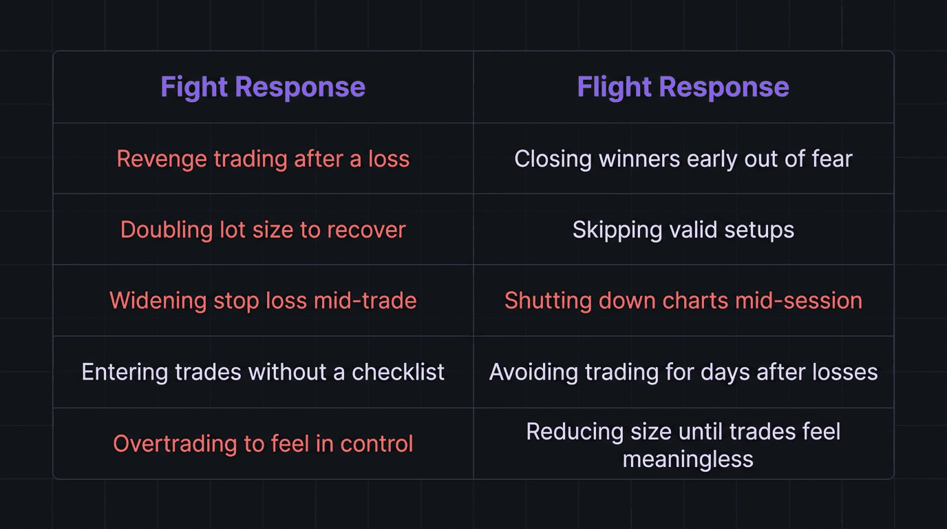 Comparison table showing fight response versus flight response behaviors in trading