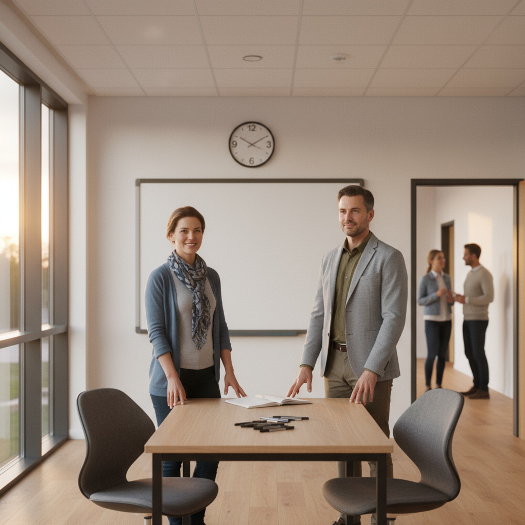 Ein heller Klassenraum am Abend, zwei Stühle gegenüber, eine Lehrerin und ein Vater geben sich die Hand. Auf dem Tisch liegen Stifte und ein Notizblock, die Uhr an der Wand zeigt den Beginn des Zeitfensters. Leise Stimmen im Flur deuten auf weitere Gespräche hin.