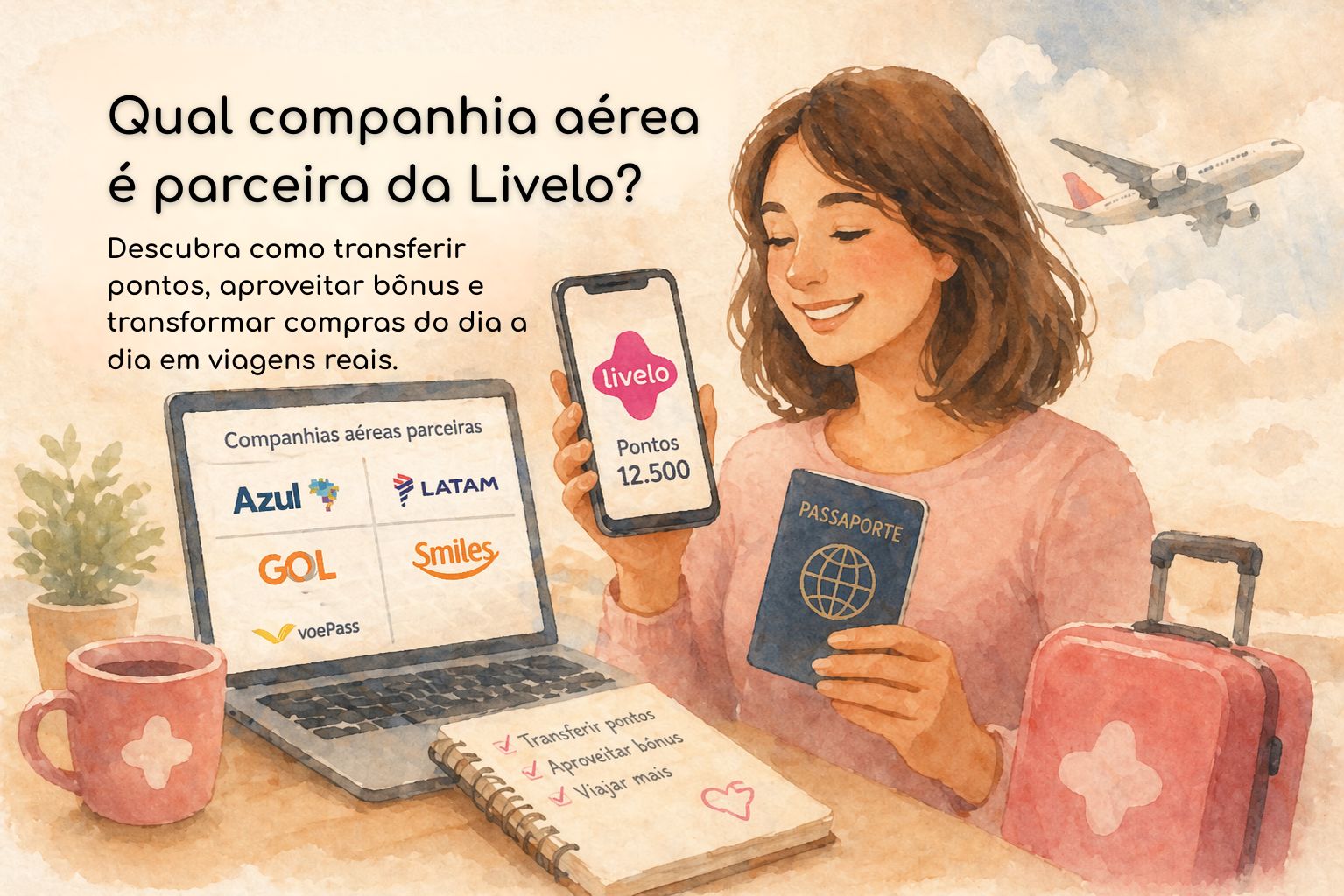 Ilustração em aquarela digital mostra mulher sorrindo segurando celular com pontos Livelo, companhias aéreas parceiras como Azul, LATAM e Smiles e avião ao fundo, representando transferência de pontos, bônus e viagens com milhas.