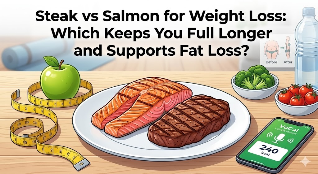 An illustration for a health publication comparing steak and salmon for weight loss. The image features a plate with a grilled wild salmon fillet and a lean grilled sirloin steak. Large text at the top reads, 'Steak vs Salmon for Weight Loss: Which Keeps You Full Longer and Supports Fat Loss?' surrounding items include a measuring tape, fruits, vegetables, water, a body transformation chart, and a digital calorie counter app.