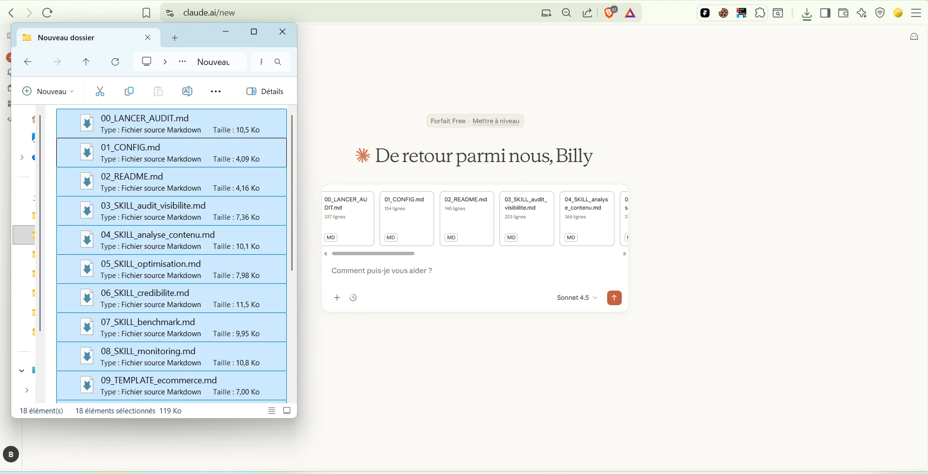 Lancement d’un audit GEO automatique dans Claude après upload du dossier