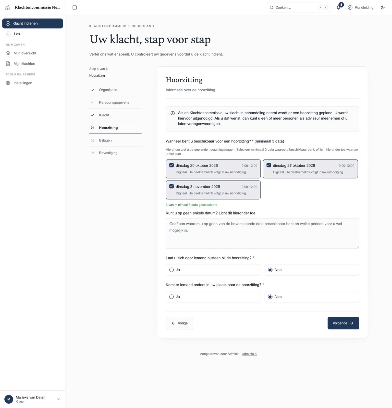 Stap 4 van 6 Hoorzitting: drie zittingsdagen aangevinkt, dinsdag 20 oktober, dinsdag 27 oktober en dinsdag 3 november 2026, digitaal, en twee keer Nee bij bijstand en vervanging.