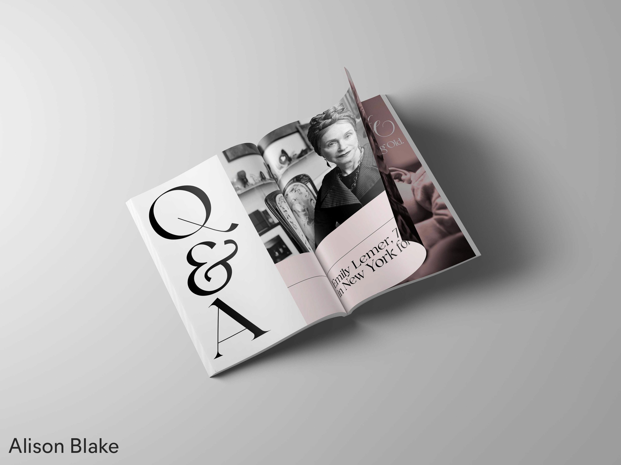 Spread of a magazine with a black and white photo of a woman and text, by Alison Blake