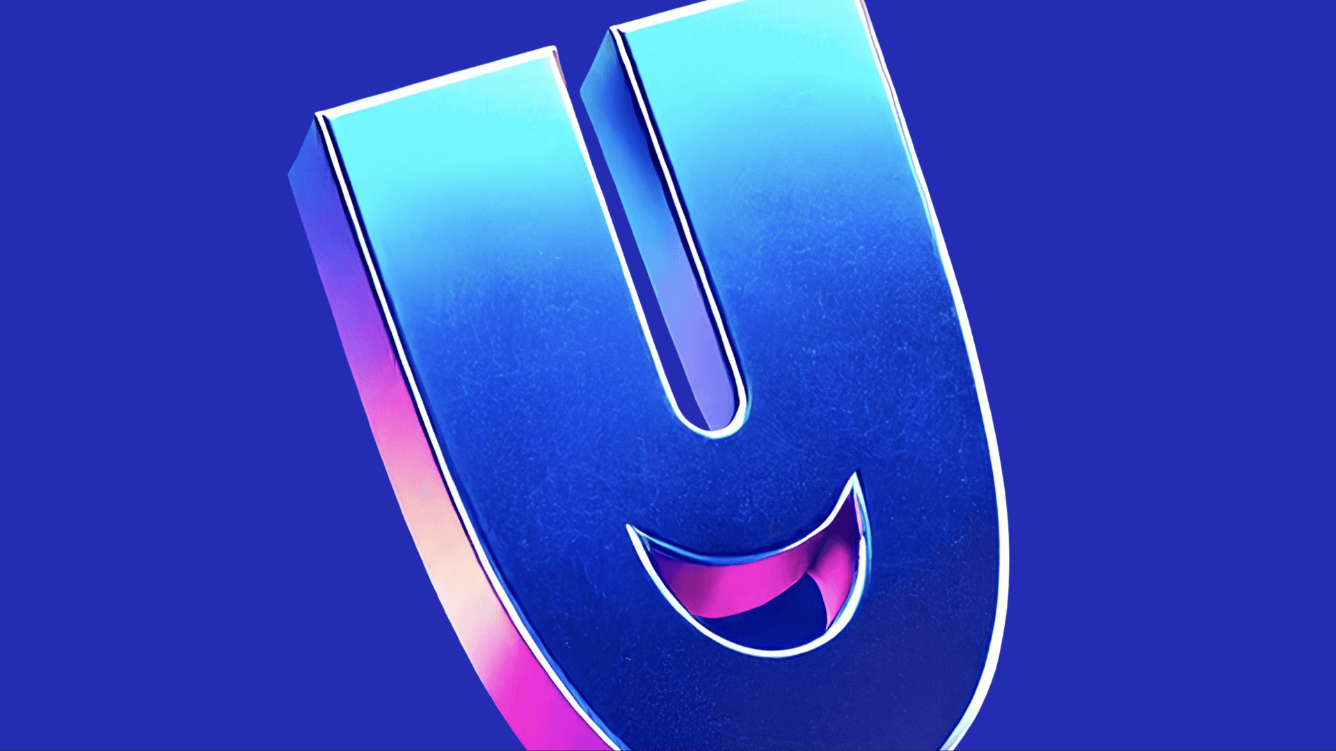 Un gros plan d’une lettre "U" stylisée, aux teintes métalliques aux nuances de bleu et rose, représentant l’élément graphique central de la marque Jude. Ce design symbolise l’énergie positive et l’approche chaleureuse et accessible de la marque.