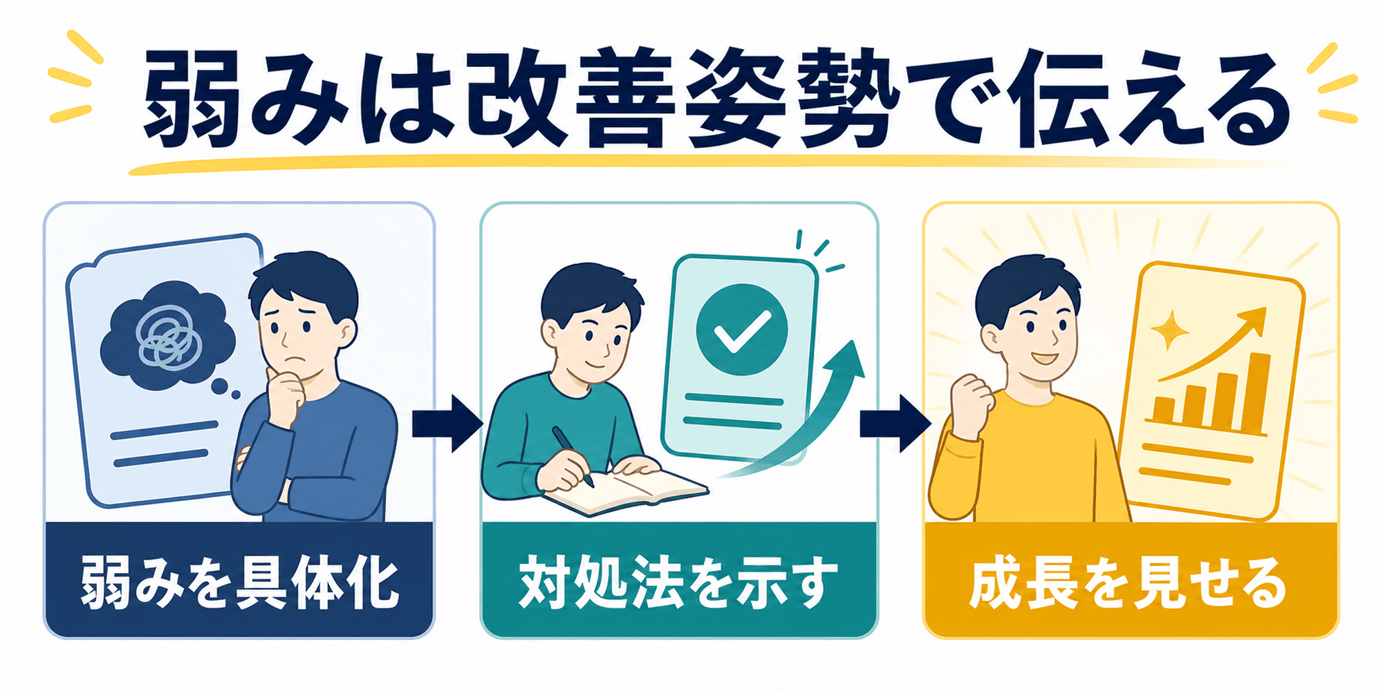 弱みを具体化し対処法と成長につなげる考え方を示した図