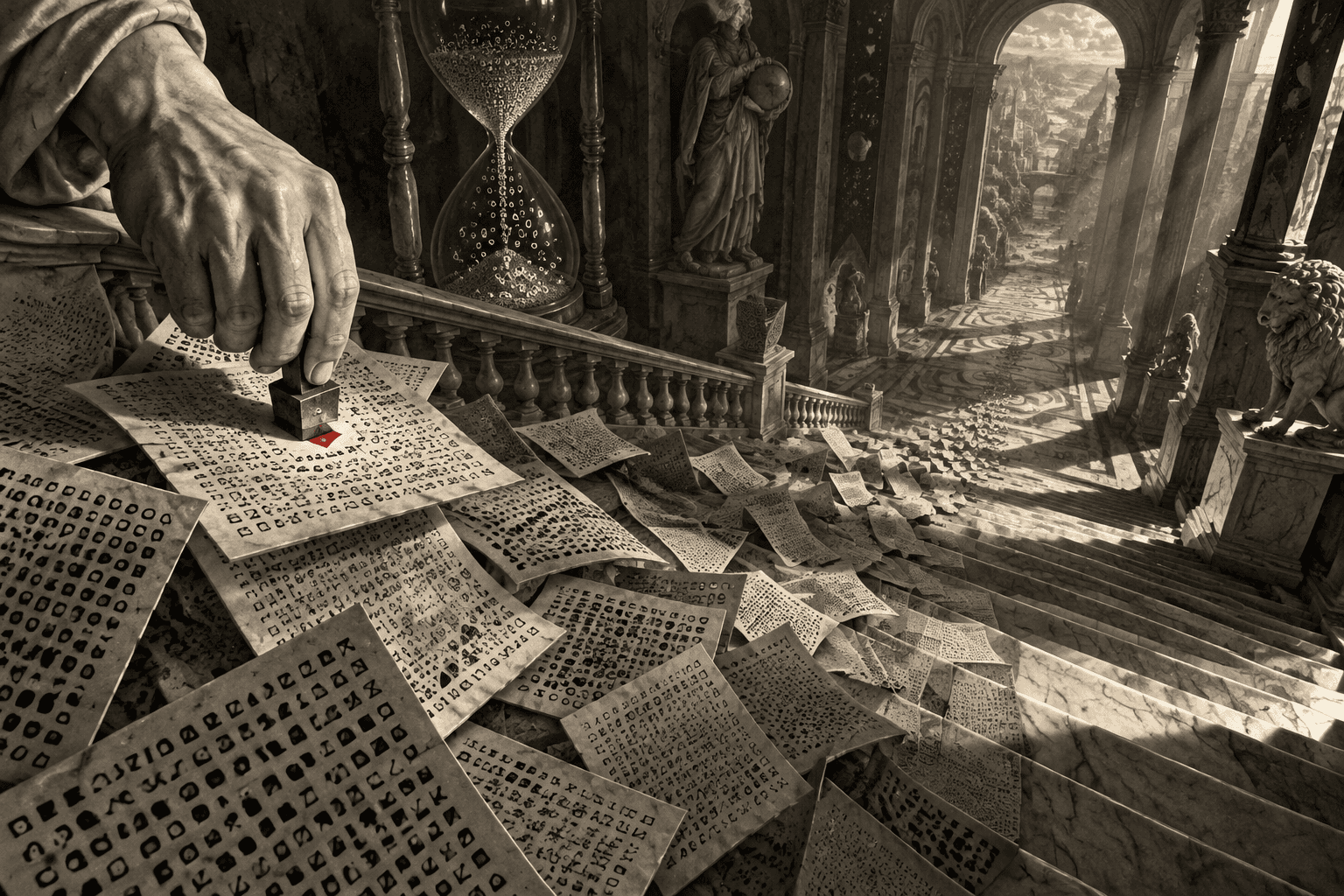 A marble hand pressing a small red hallmark onto one sheet in a cascade of pages flowing down a long staircase, an hourglass in shadow