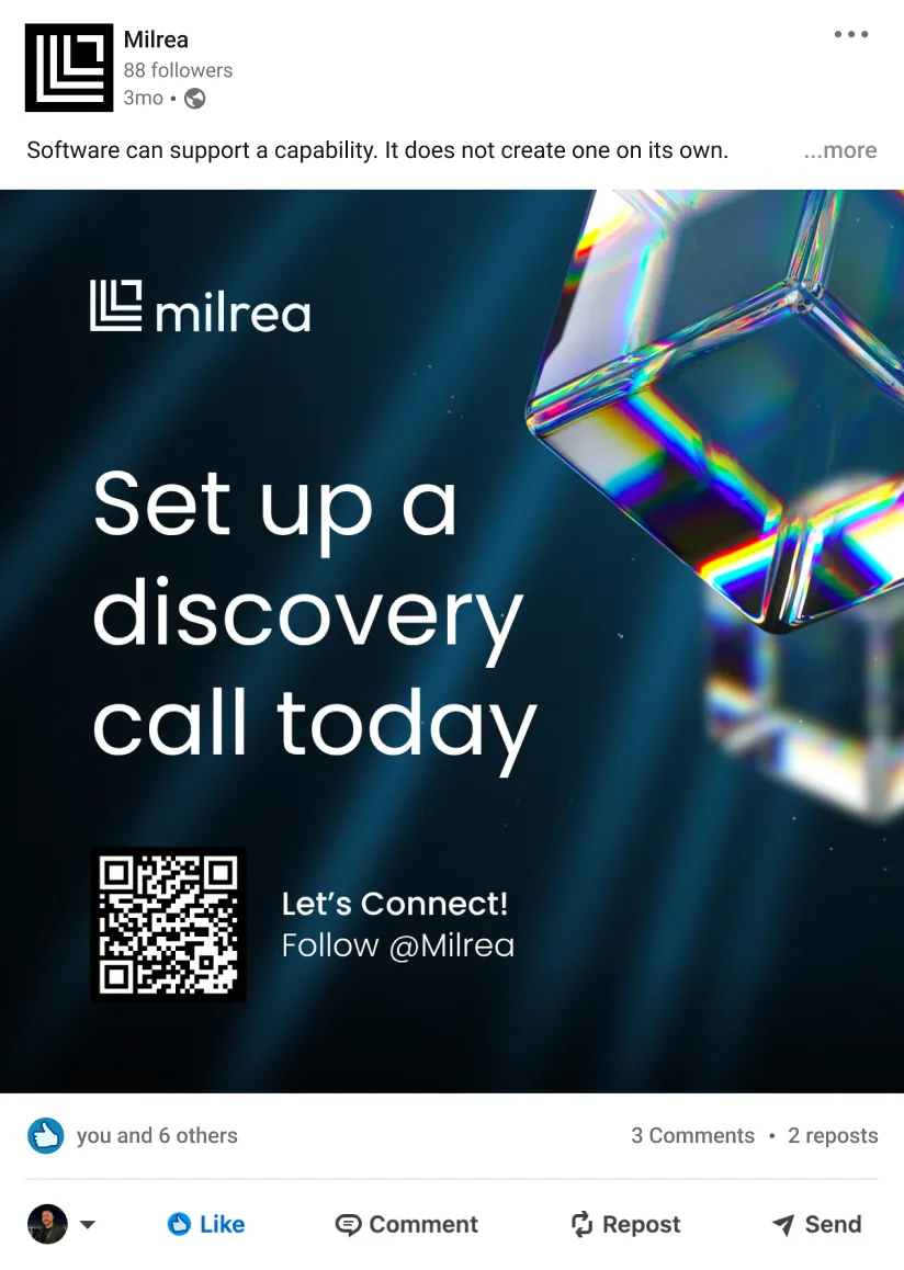 Milrea LinkedIn post reading “Set up a discovery call today,” with iridescent cube imagery.