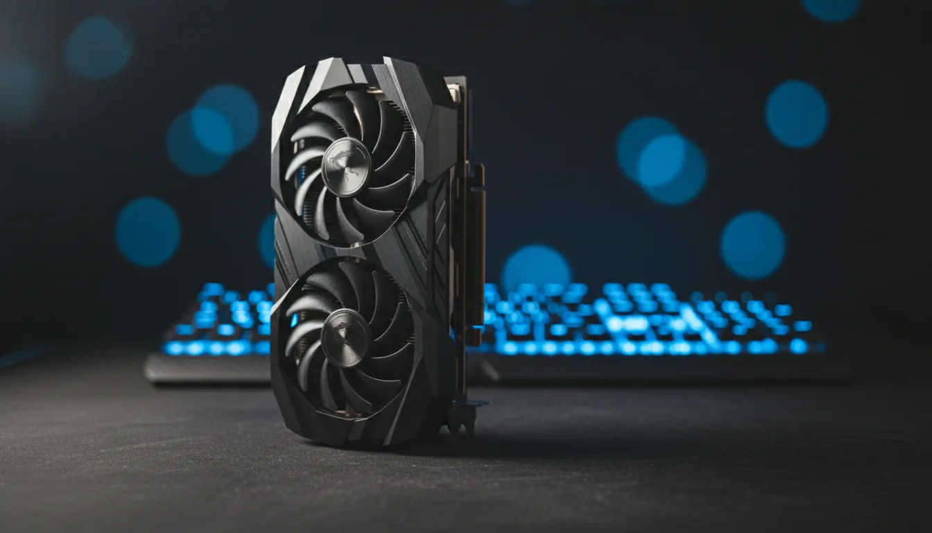 DSLR product photography of a modern black dual-fan MSI gaming graphics card, standing on a dark textured desk mat. The scene is illuminated by soft studio lighting, with vibrant blue LED light glowing from an out-of-focus keyboard in the background. Close-up shot with a shallow depth of field, sharp focus on the GPU's angular plastic shroud and fan blades, creating a soft bokeh background.