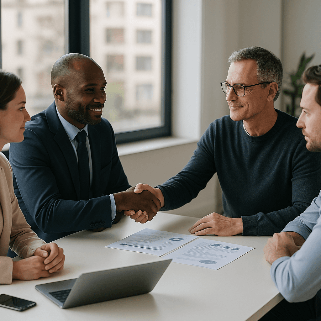 A person in a yellow shirt carries two children, all surrounded by vibrant red poppies in a lush green field, as another child runs ahead under a clear sky, creating a serene family scene in nature.