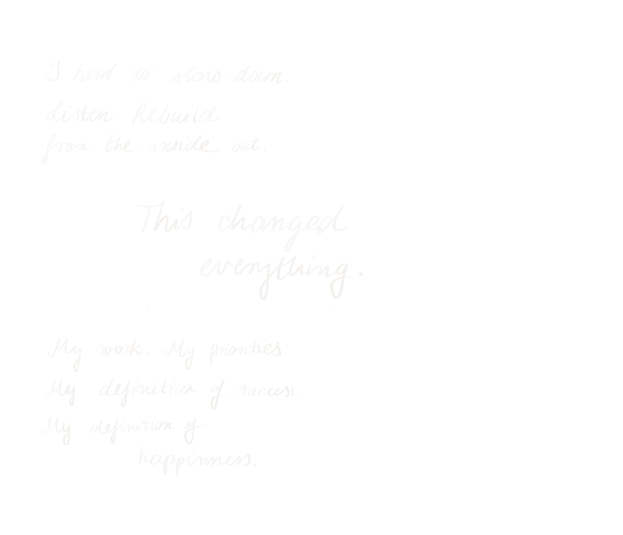 The image features a handwritten motivational message on a blue background, discussing personal growth and change, emphasizing the theme of "burnout prevention" by highlighting the importance of slowing down and reevaluating life priorities.