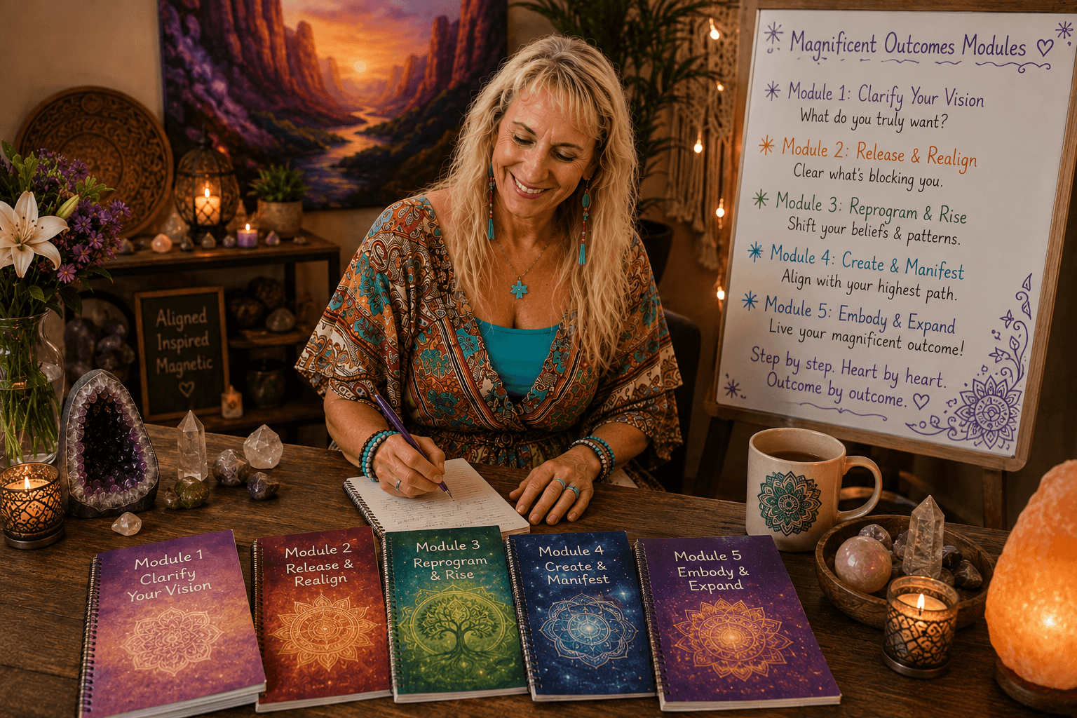 Magnificent Outcomes Modules with Eve in Sedona offering a self-paced spiritual growth program designed to support clarity, relationships, abundance, well-being, and personal transformation.