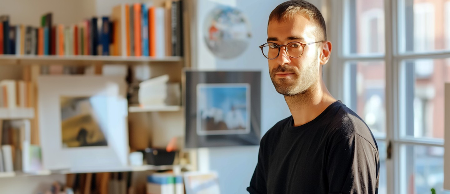 In a warmly lit room, a man with glasses stands beside a wall lined with books and framed art, gazing at the camera, creating a serene yet focused atmosphere.