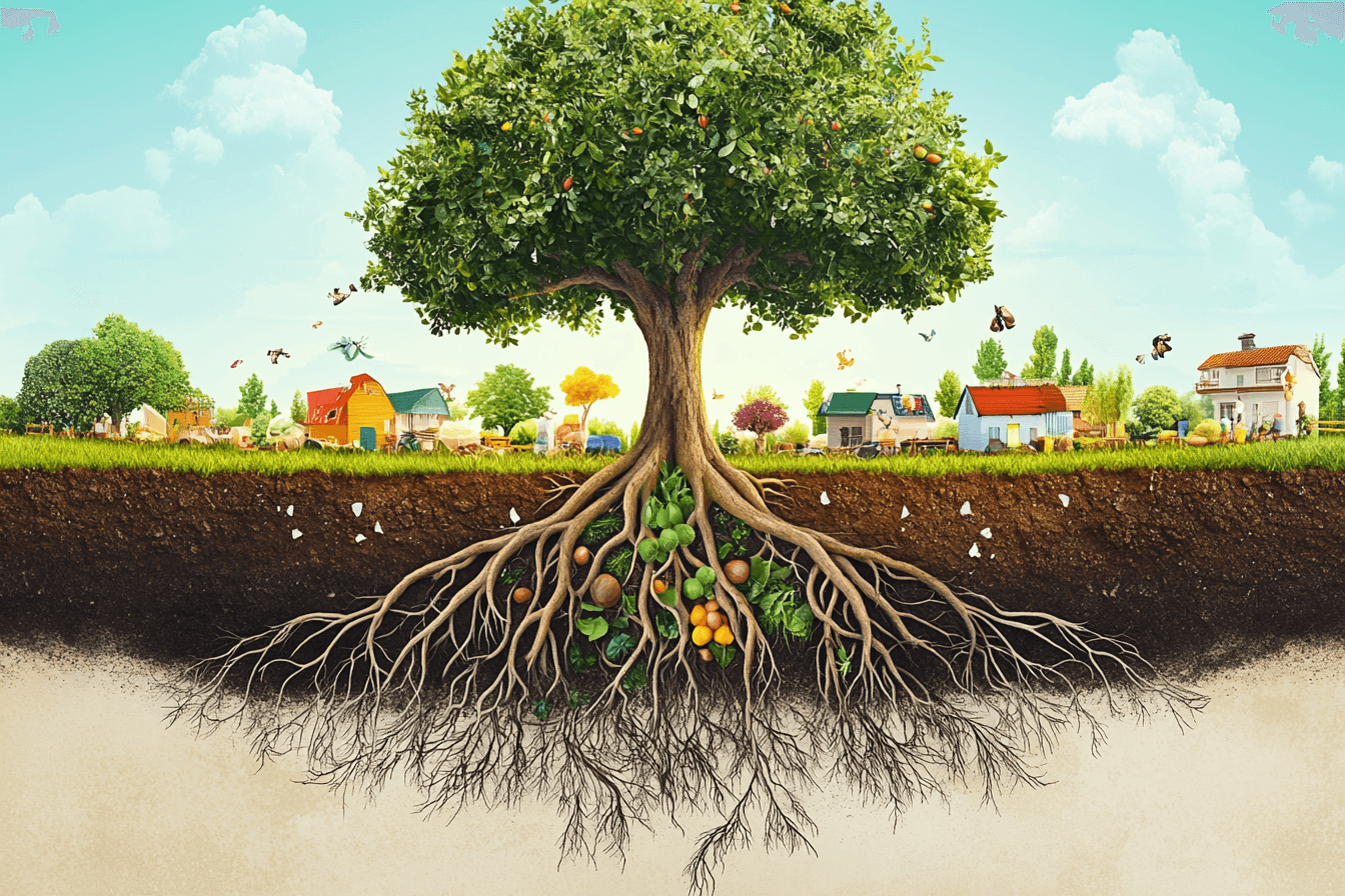 A tree with roots exposed, each root transforming into different aspects of food security (education, housing, healthcare), nourishing a thriving community above ground, detailed illustration style