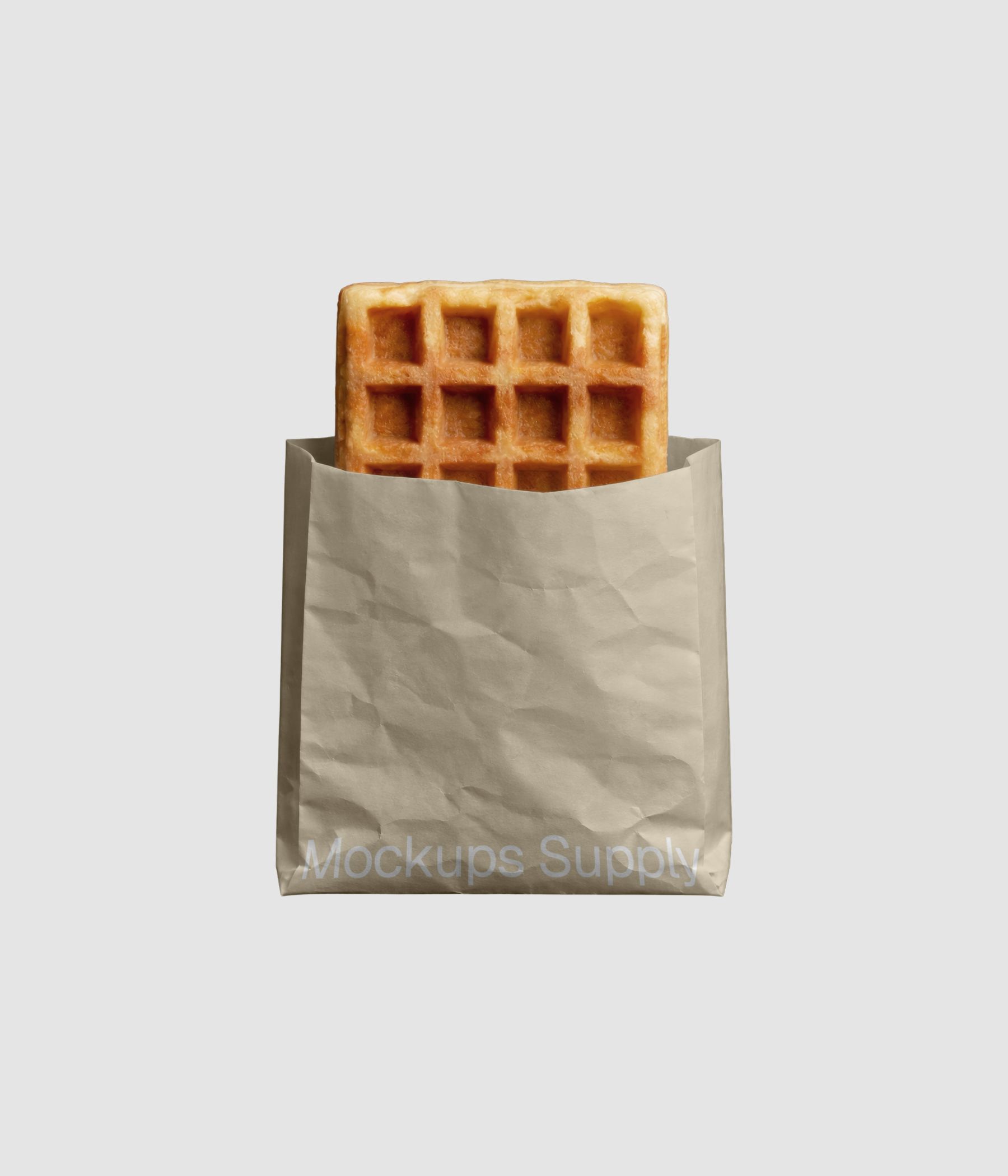 Belgian waffle packaging mockup PSD showing food branding presentation in paper bag