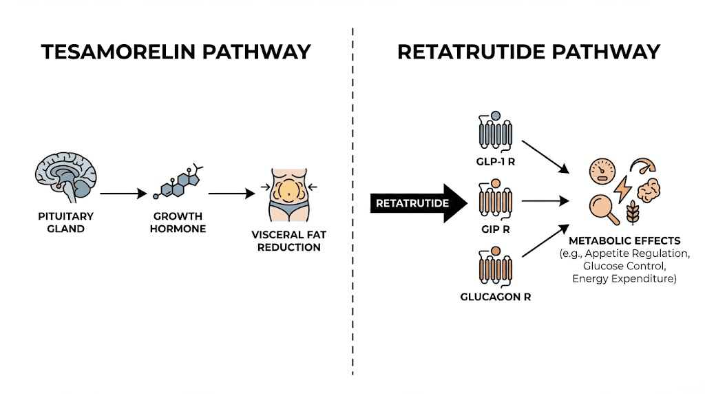 Tesamorelin and retatrutide mechanisms of action comparison diagram