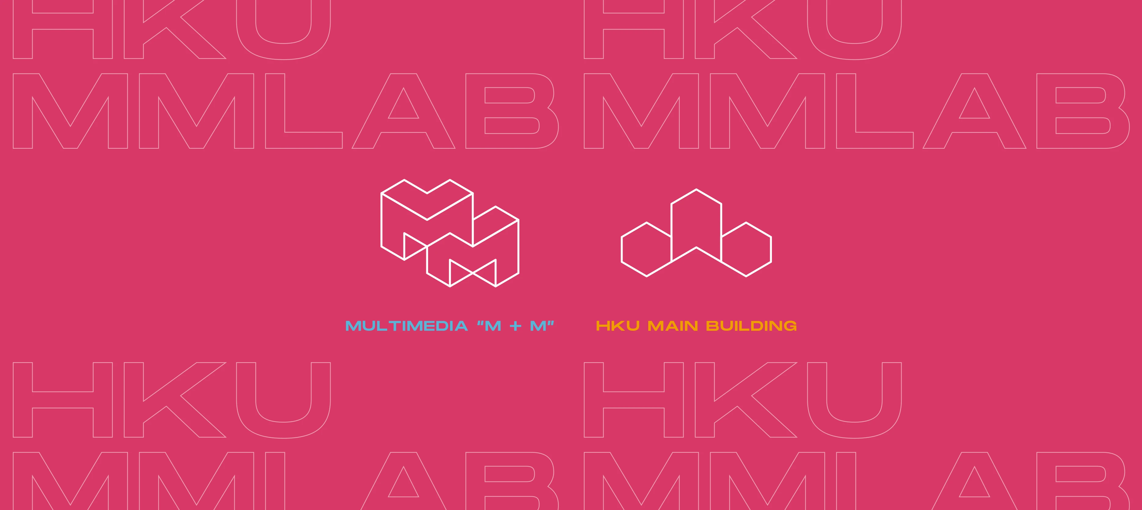 HKU MMLab visual identity detail – repeated geometric MM structures forming faceted M logo on magenta background with cyan-blue and yellow-orange accents by Teatime Studio.