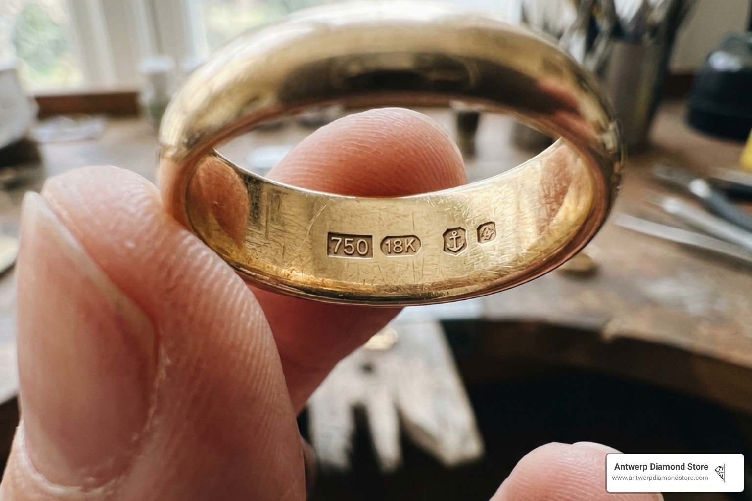 Close-up of hallmark stamps inside a gold ring band indicating metal purity
