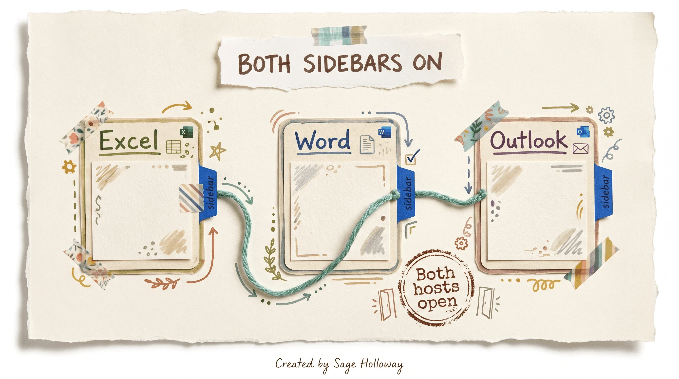 Scrapbook diagram of Excel Word and Outlook with both Claude sidebars active for cross-app work