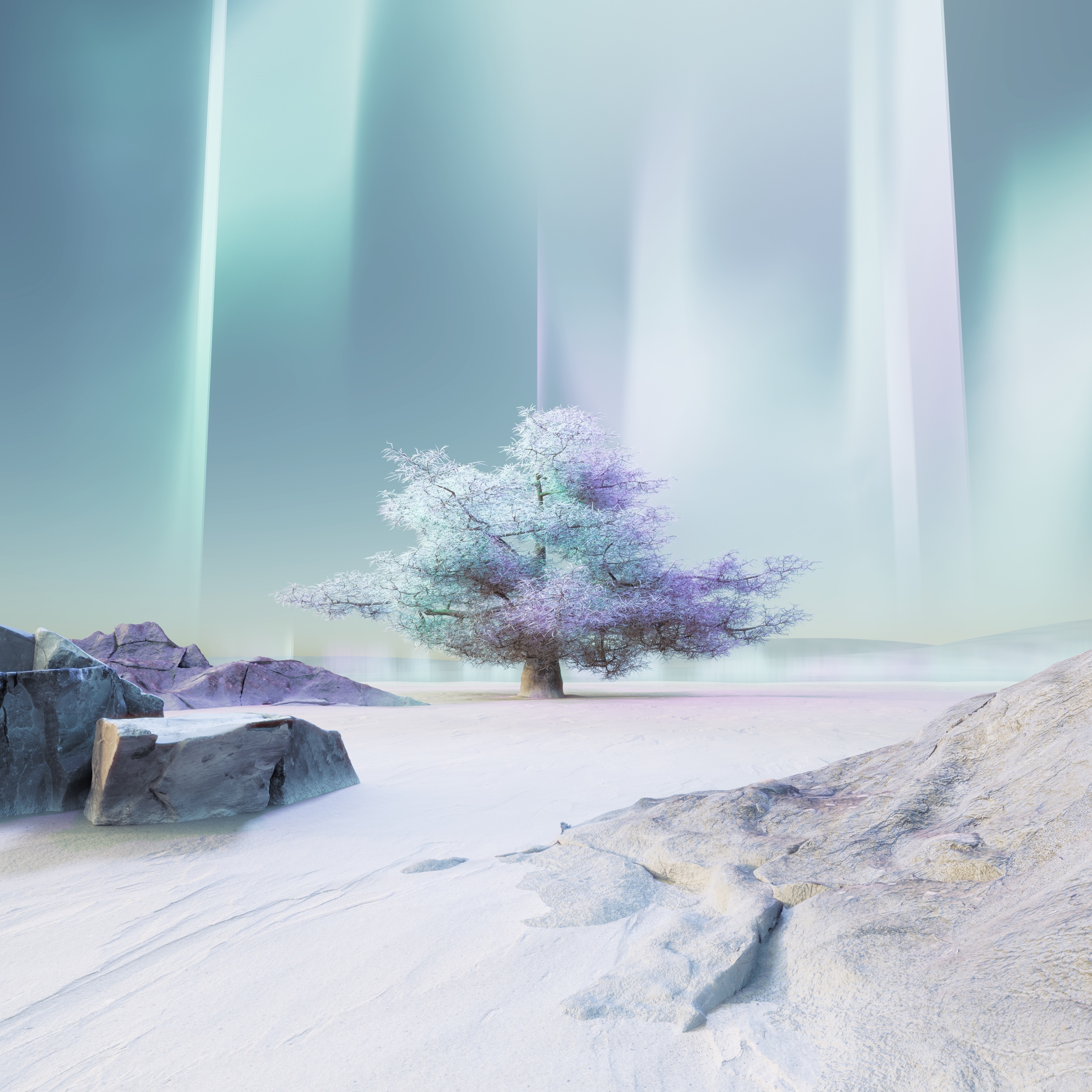 Majestic computerized generative AI music tree in mountaineous region