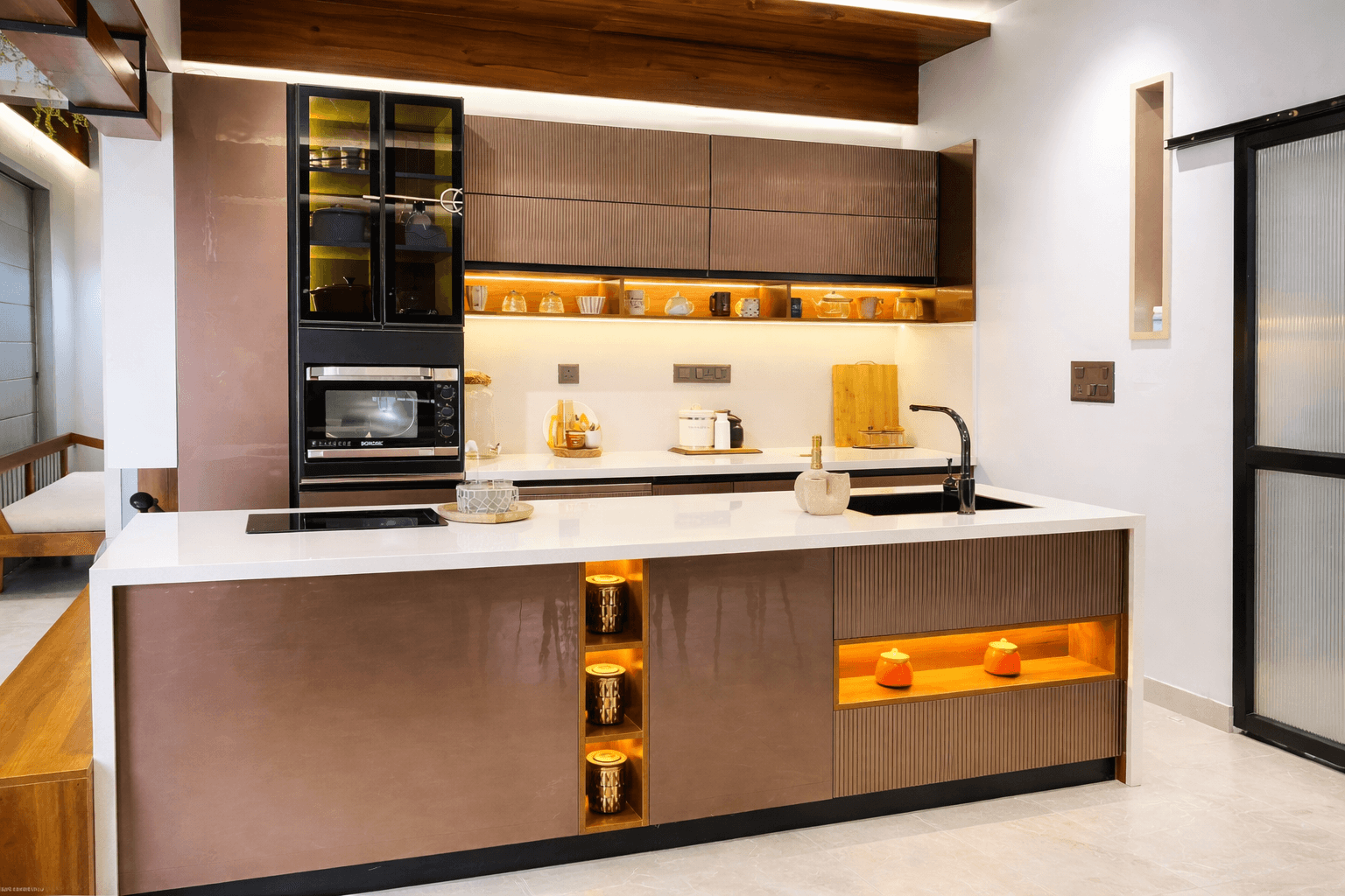 Modern two-story home with large glass windows, warmly lit interiors, and a balcony. Surrounded by trees and a manicured lawn at dusk. Cozy ambiance.