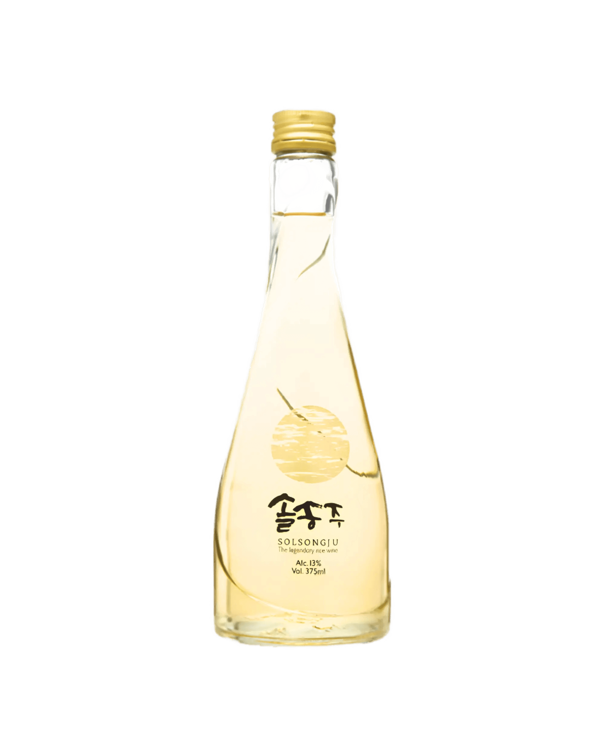 A clear glass bottle of Korean traditional liquor with a gold cap, filled with pale golden liquid, featuring a gold circular graphic and Korean text on the front, isolated on a white background.
Solsongju - pine yakju - cultsool