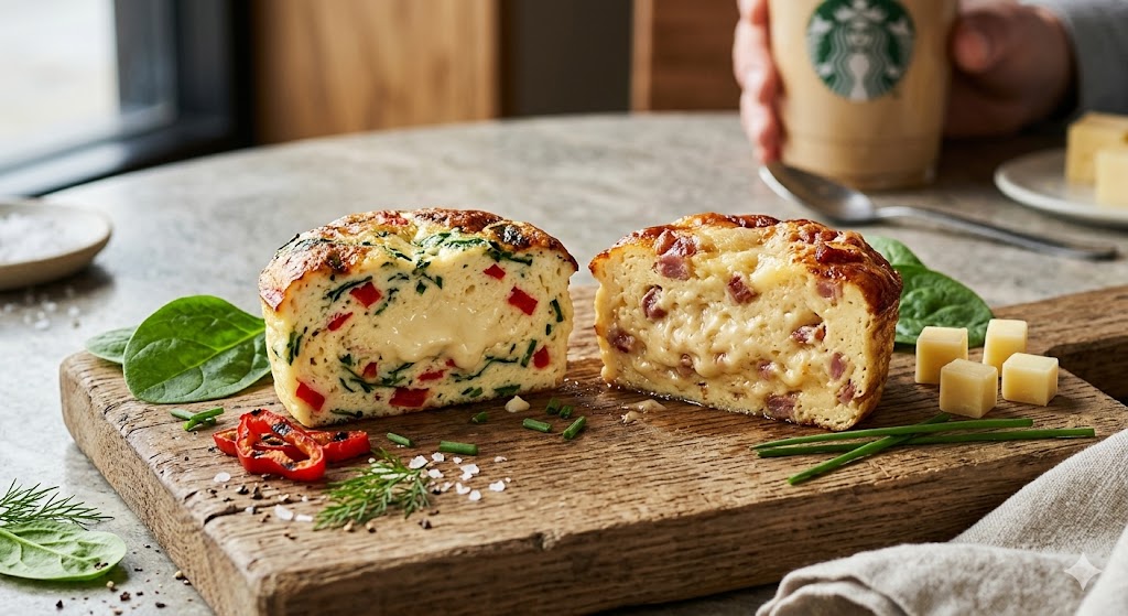 An ultra-close-up photo of two sliced open Starbucks-style egg bites on a rustic wooden board, showing the creamy texture and ingredients. The left bite is Egg White & Roasted Red Pepper, and the right is Bacon & Gruyère, both surrounded by fresh spinach, red peppers, and herbs under soft natural light.